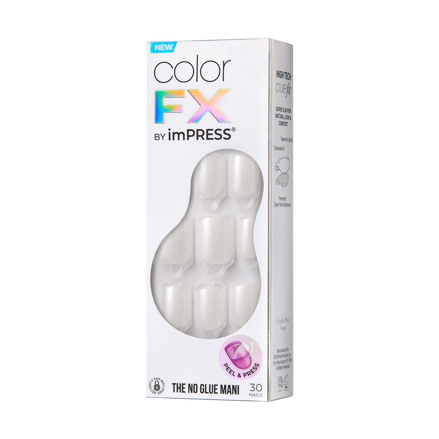 KISS Impress No Glue Mani Press-On Nails, Color FX, White Shimmer, Short Size, Squoval Shape, Includes 30 Nails, Prep Pad, Instructions Sheet, 1 Manicure Stick, 1 Mini File