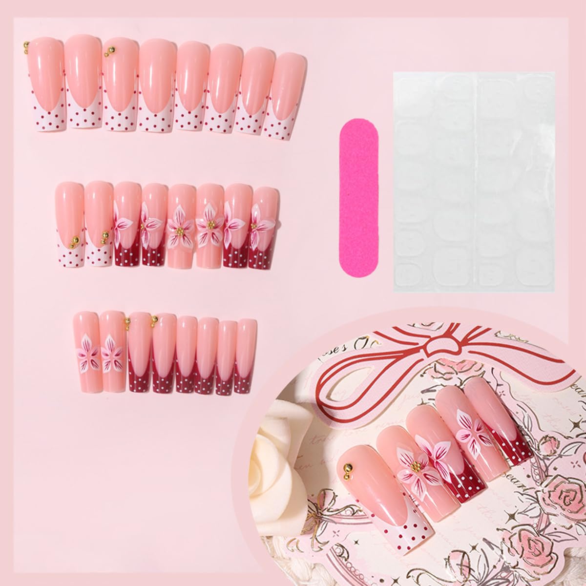 Polka Dot Press on Nails French Tip Fake Nails Long Square Nails Press ons with Flower & 3D Gold Pearl Design Glossy Nude Pink Nail Full Cover Acrylic Glue on Nails for Women Manicure 24Pcs