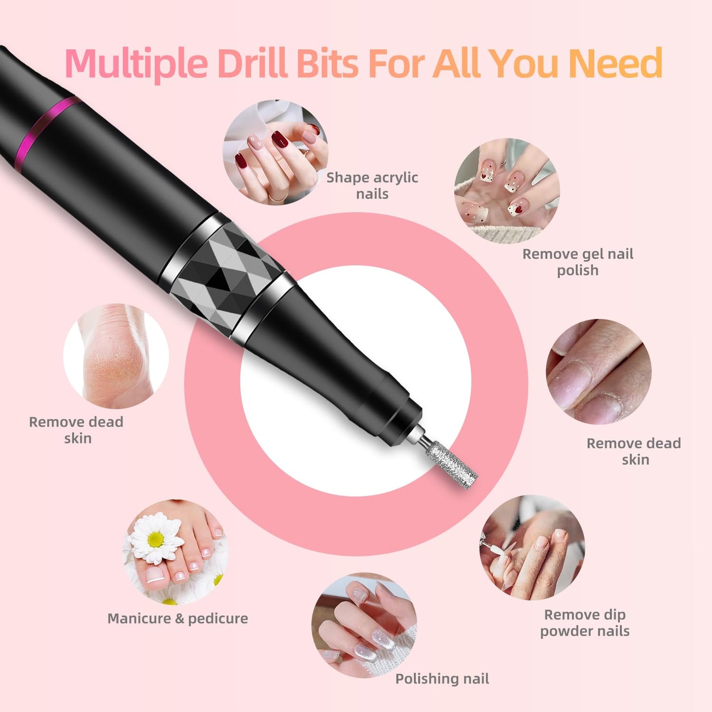 Professional Nail Drill Electric File 45000RPM,Nail File Drill for Acrylic Gel Nails,Cordless Rechargeable Nail Drill Kit,Salon-Grade Efile Nail Machine,Adjustable Speed Efile for Nails(Dark Grey)
