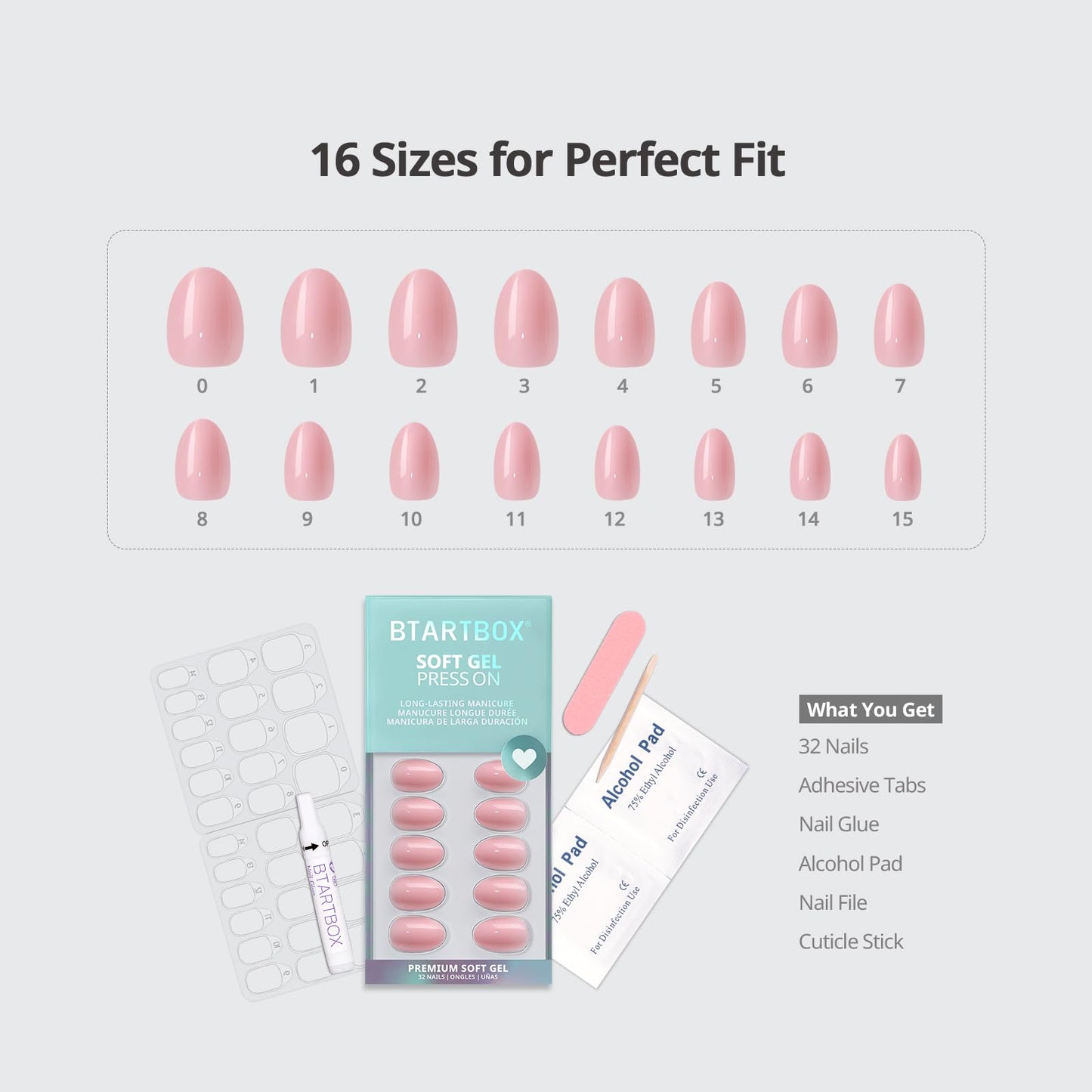 BTArtbox Press On Nails Almond - Quiet Poise, Easy-to-Apply Baby Pink Extra Short Press On Nails with Glue and Adhesive Tabs in 16 Sizes - 32 Nails All-in-One Kit