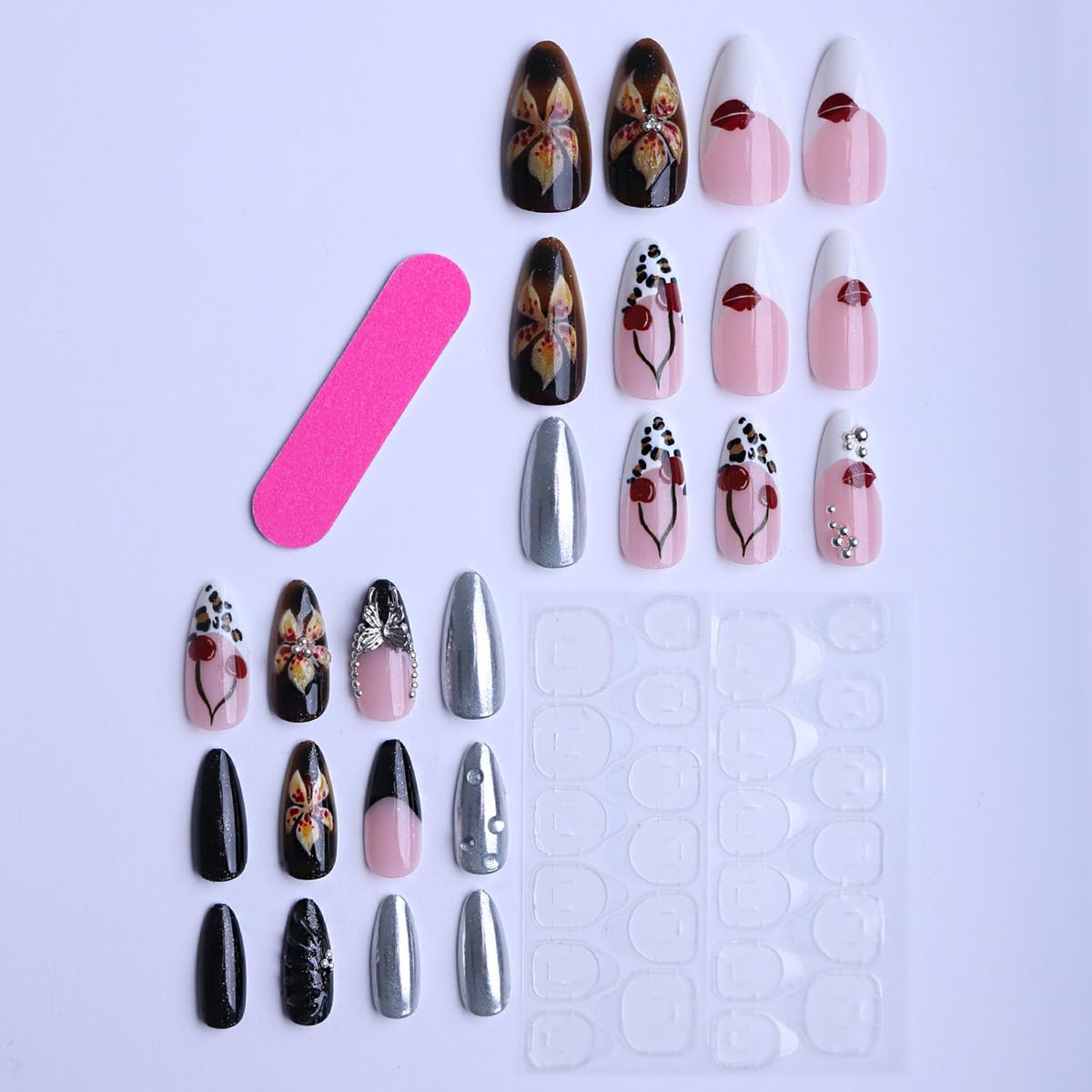 Long Almond Press on Nails for Women,Cherry & Silver Metallic,Fake Nails Artificial Stick on Nails