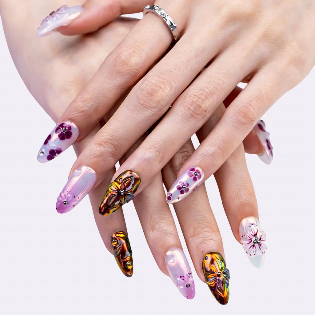 IntoVibes 10 Pieces Handmade Press On Nails Medium Almond, Purple Thickened False Nails With Floral Decoration, Reusable Fake Nails Almond, Reusable Acrylic Nails (M)