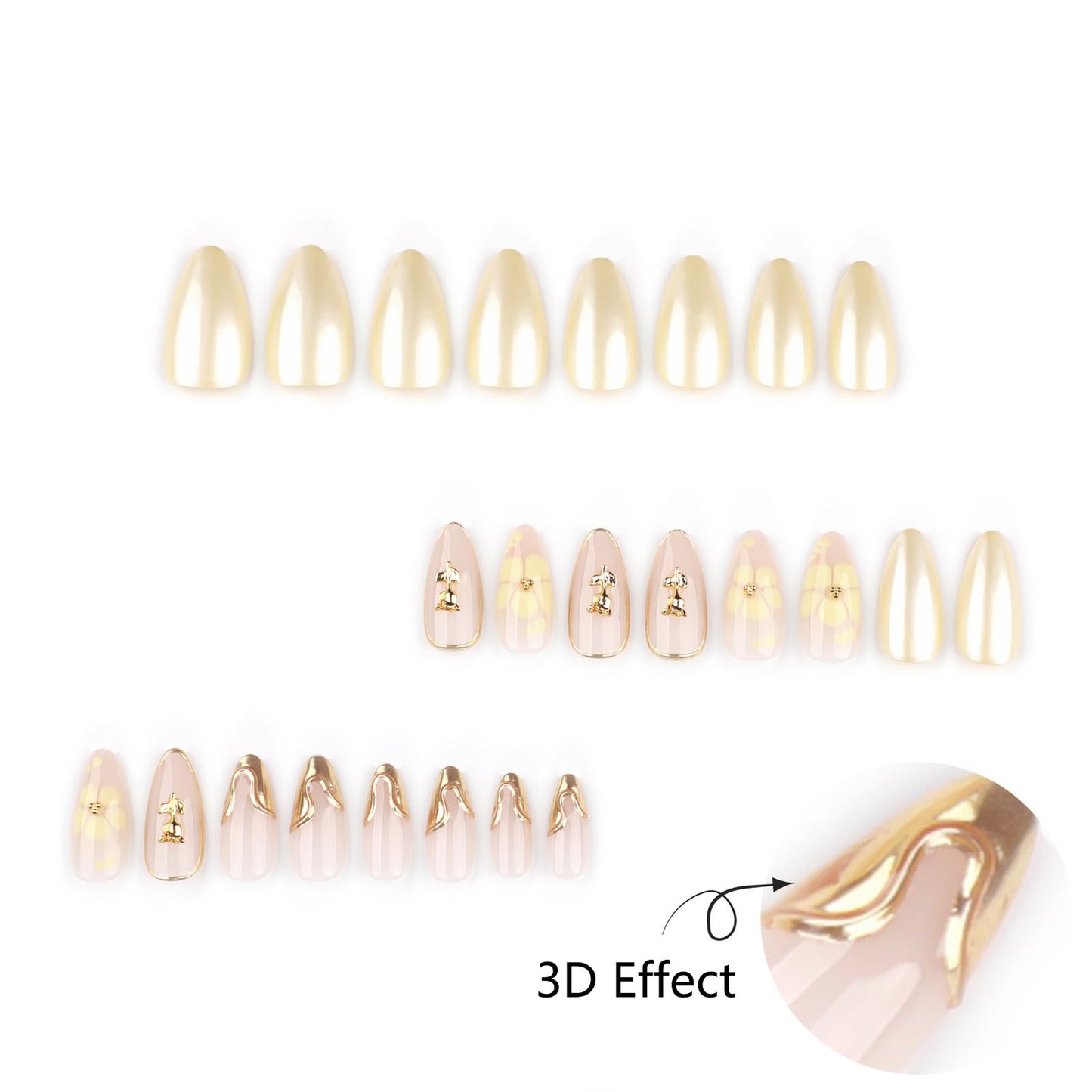 Yellow Flower Press On Nails with Gold 3D Design, Glossy Almond Fake Nails with Metallic Line Art, Elegant Reusable Stick On Nails for Women and Girls, 24PCS Full Cover False Nail Set