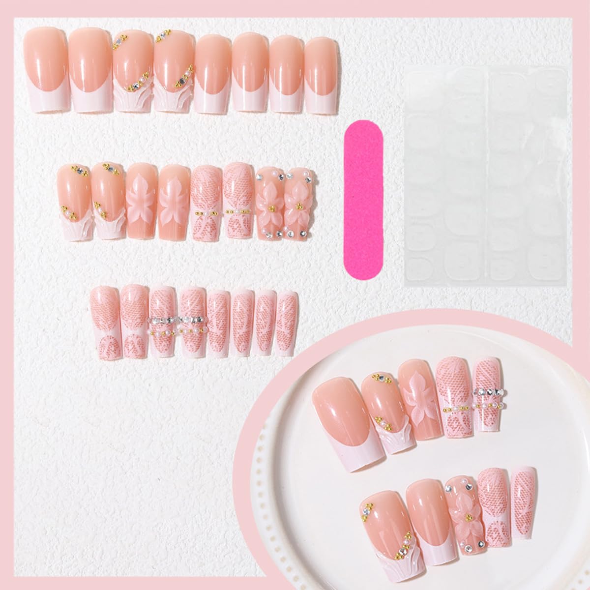 Long Square Press on Nails White French Tip Fake Nails with Lace Print & 3D Pearls Design Nude False Nails Reusable Full Cover Glue on Nails for Women, Elegant Bridal Manicure Kit 24Pcs