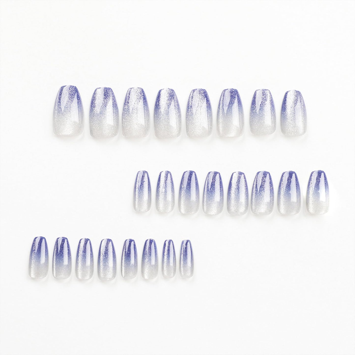 SINHOT Medium Coffin Press On Nails - Glossy Blue Ombre Acrylic Ballerina Artificial Nails With Bling Cat Eye Design - 24 Pcs