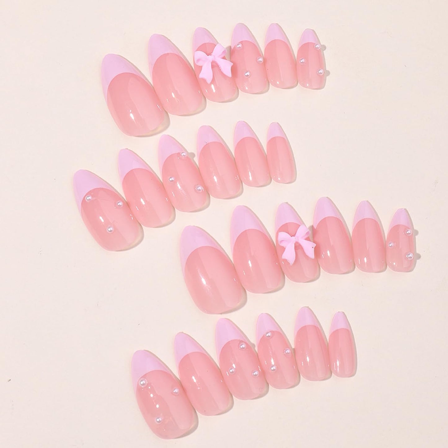 24Pcs French Press on Nails Almond Fake Nails with Bow Pearl Design Pink French Tip False Nails Cute Pink Press on Nail Tips Glossy Artificial Nails Acrylic Stick on Nail for Women Manicure