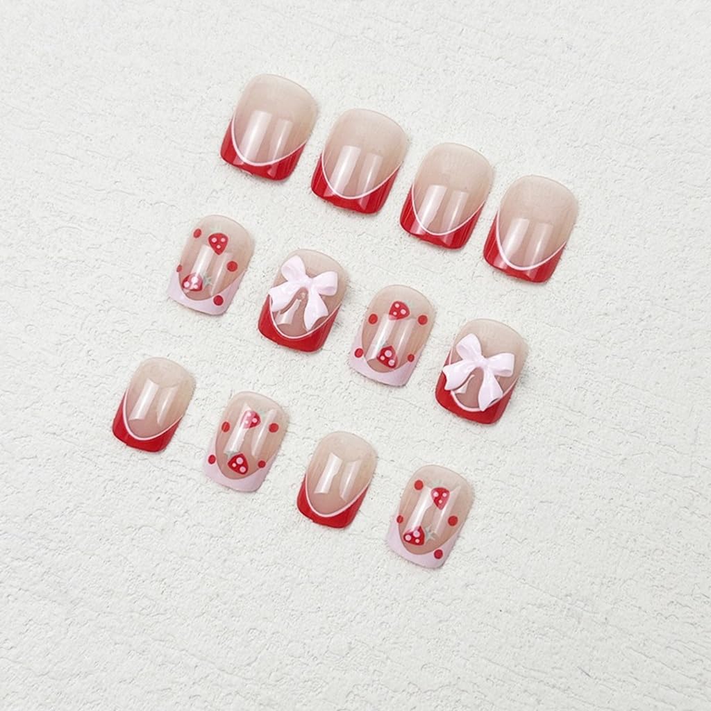CTTHNBD Press on Nails Short - Square Fake Nails with Strawberry Design - Red French Tip False Nails Press ons - for Women 24 Pcs
