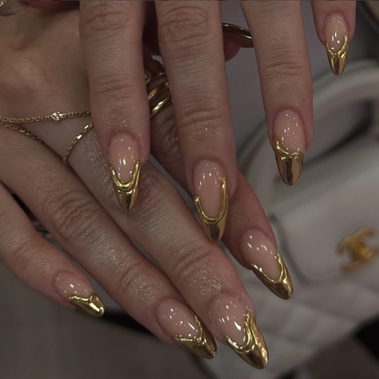 Medium Press on Nails Almond - Gold Fake Nails with 3D Design - French Tip False Nails Press ons - for Women 24 Pcs