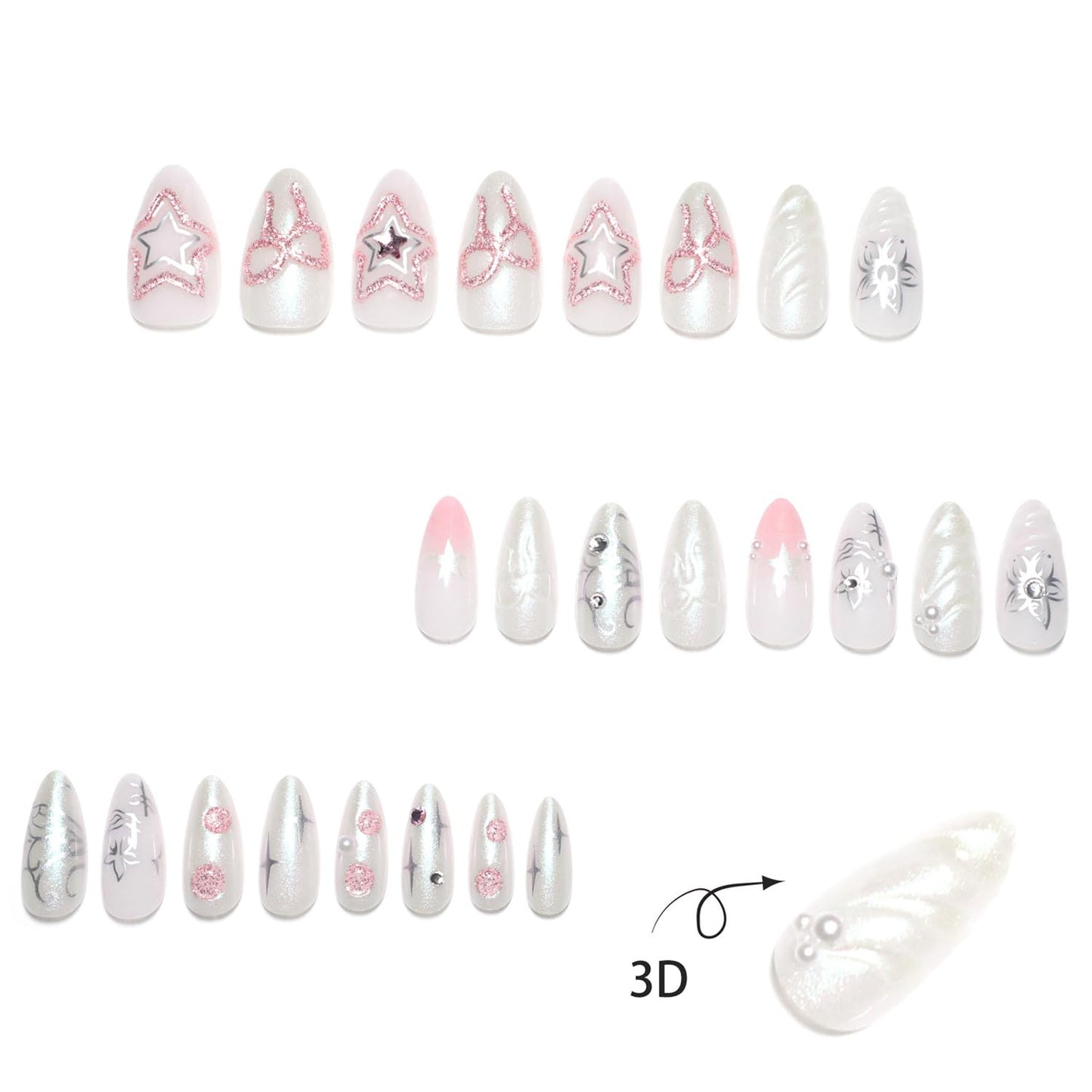 French Tip Press on Nails Medium Almond Star Bow Flower Fake Nails with Rhinestone Designs Pink Glitter Stars Bows False Nails Full Cover Artificial Glue on Nails Handmade Stick on Nails for Women