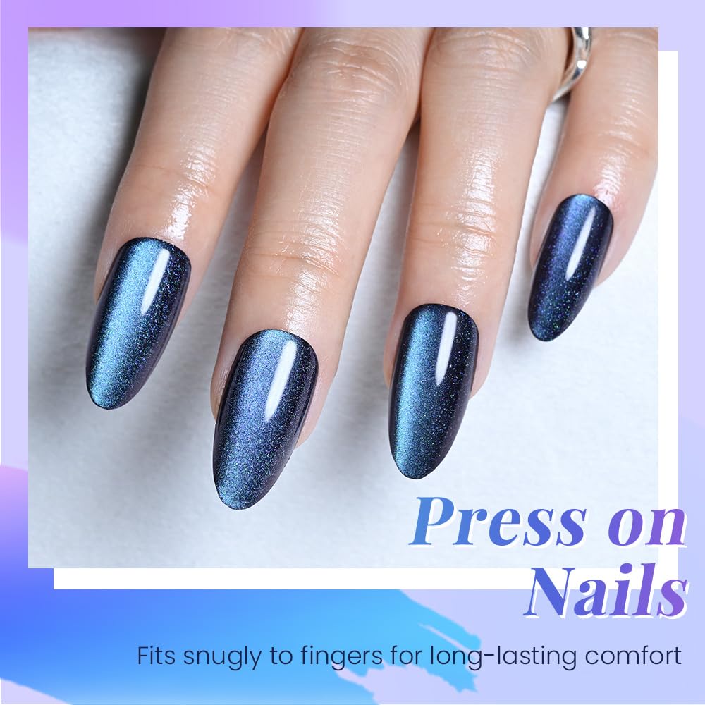 XZMeiLun Cat Eye Starry Blue Press On Nails Almond Medium, Magnetic Acrylic Fake Nails Stylish Design, Salon-Quality Shiny Finish, Reusable Stick On Nails Kit for Women, Daily Wear (No Glue Included)