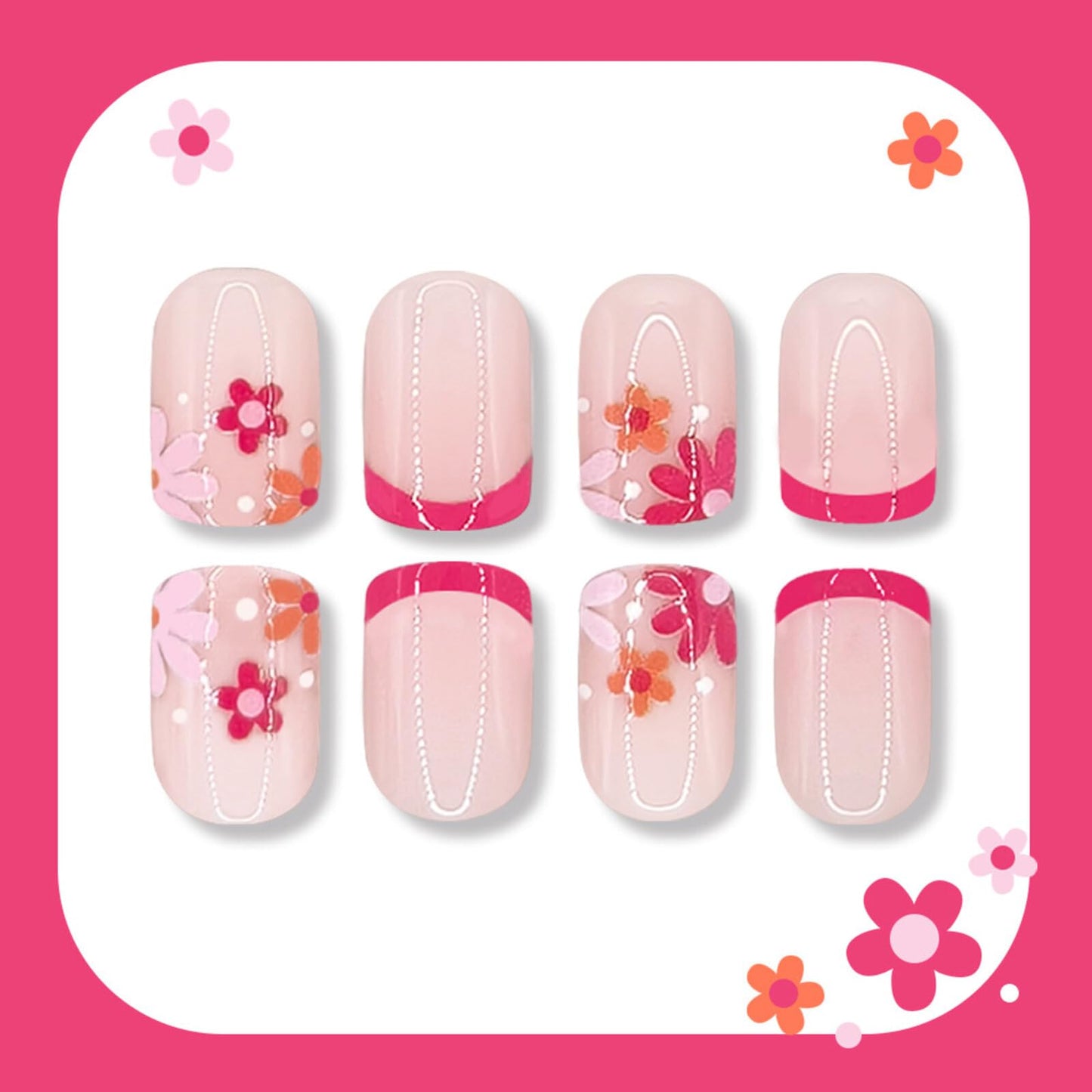 Floral Press on Nails Short Square Design Soft Nude Base with Pink Orange Flower Patterns Hot Pink French Tips Glossy Finish Reusable Stick on Nails Suitable for Casual Looks Artificial Nails 24 Pcs