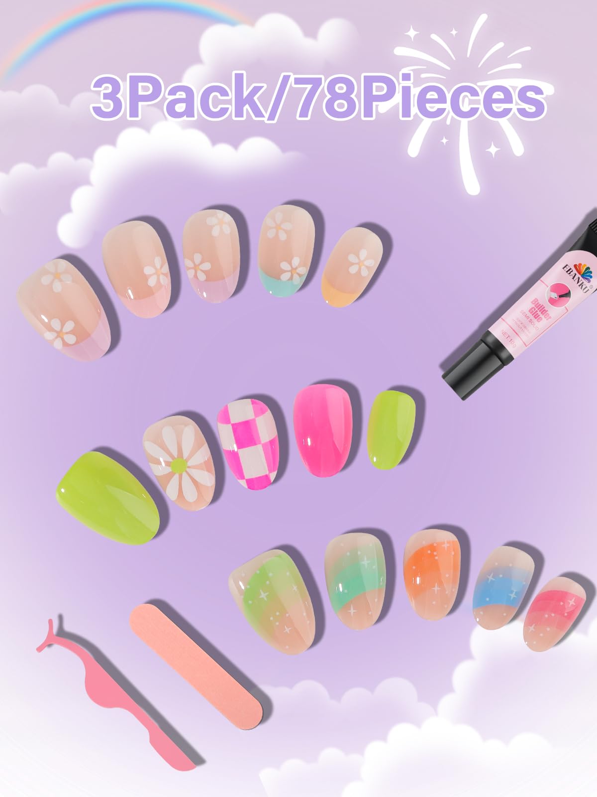 78 Pieces Press on Nails for Kids, EBANKU 3 Pack Kid Fake Nail Kit Old Colorful Flower Press on Nails for Girls 8-12 Years with Jelly Nail Adhesives & Nail Builder Glue