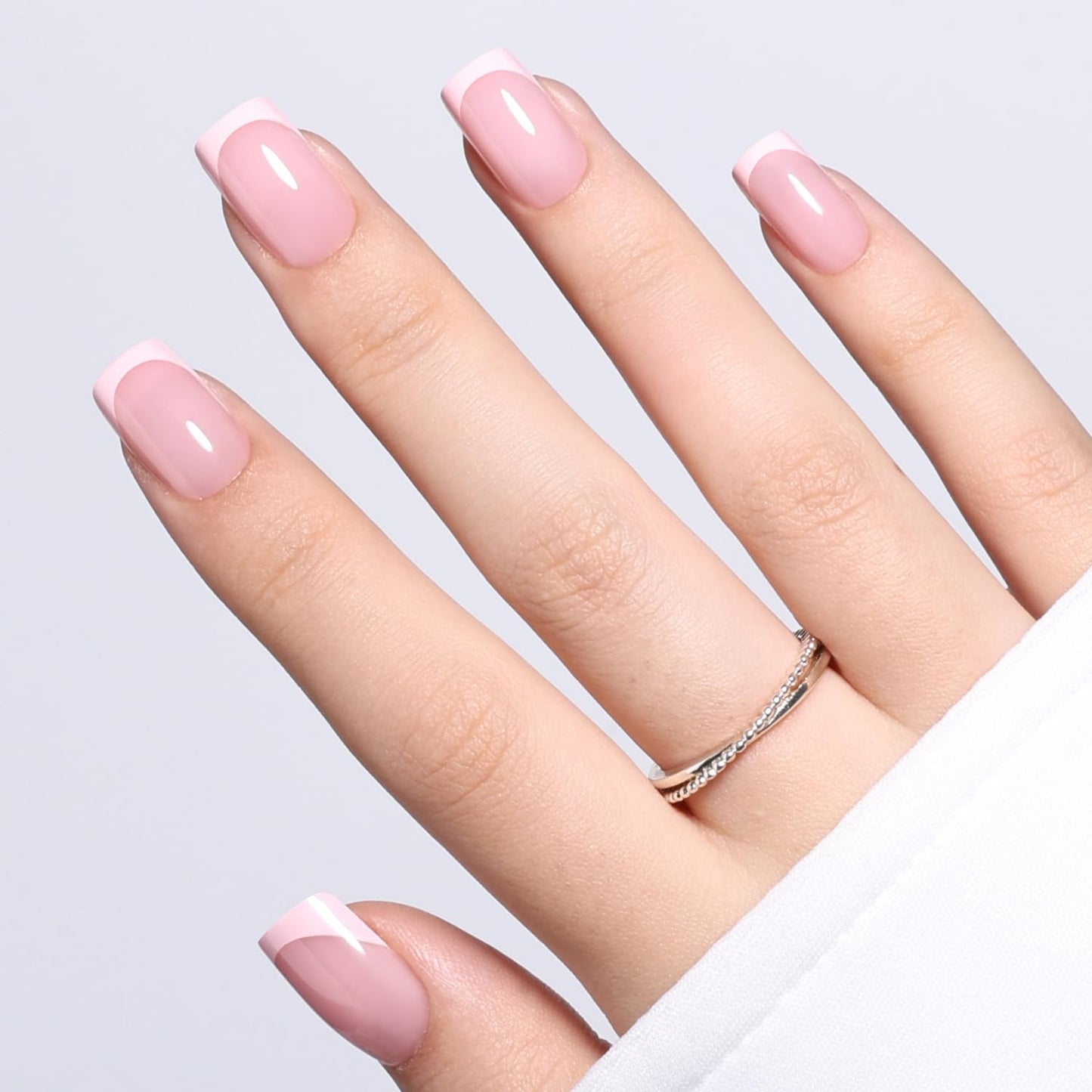 WiniBeauty Pink French Tip Press On Nails - Pink Short Square Fake Nails, French Tip Press On Nails Reusable Stick On Nails in 16 Sizes, 32pcs False Nail Kit for Women & Girls