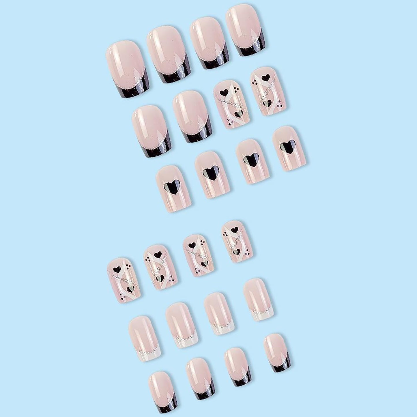 Vezocim 24Pcs Press on Nails Medium Heart Glossy Full Cover Artificial French Tips Fake Nails with Black Heart Designs Acrylic Square False Nails with Glue Coffin Stick on Fingernails for Women