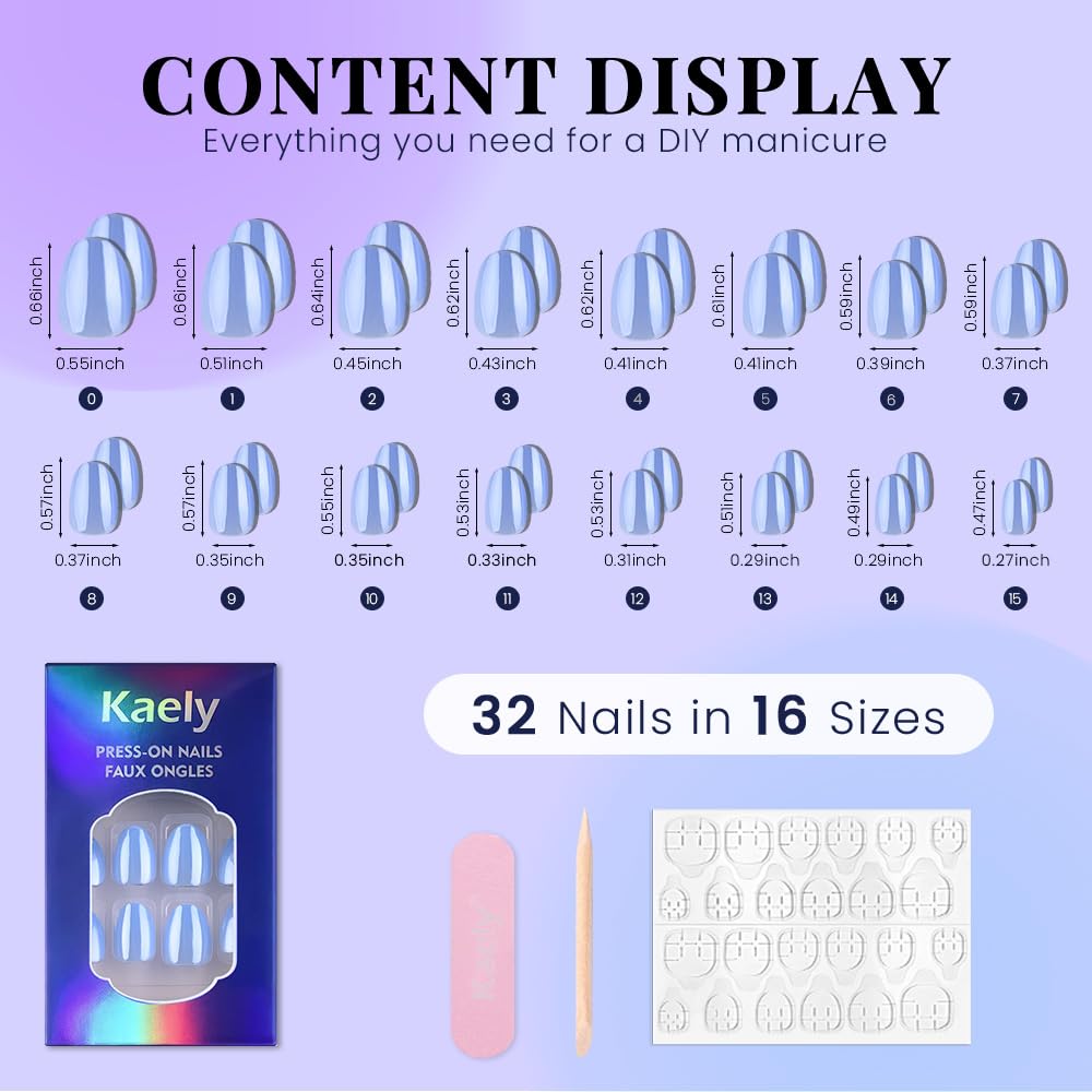 evpct Sky Blue Glazed Metal Press on Nails Short Oval, Short Oval Chrome Glossy Aurora Stick on Nail for Women, Reusable Full Cover Soft Press on Nail Perfectly Fit with Glazed Design Salon Quality