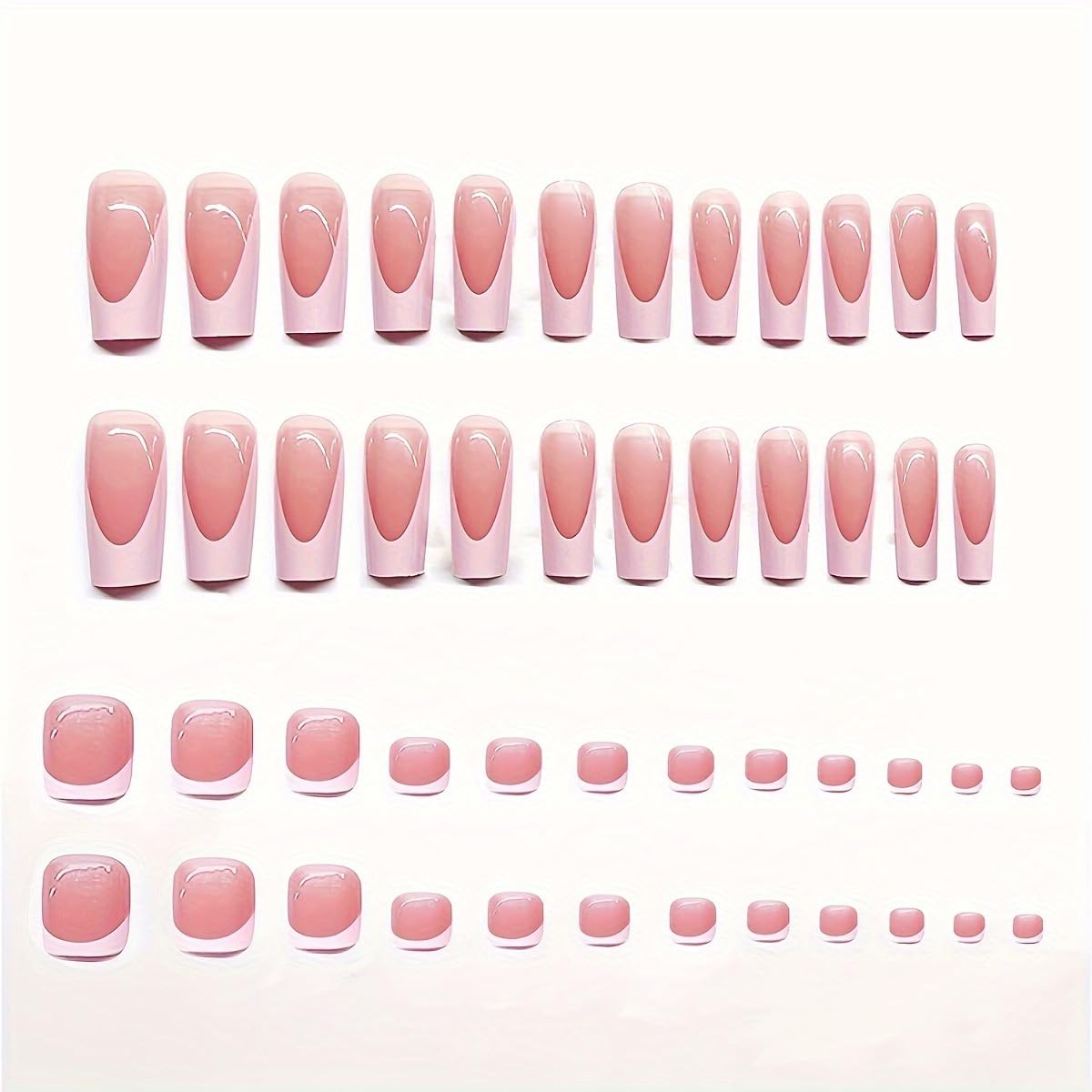 CTTHNBD Pink French Tip Press on Nails & Press on Toenails Set, Medium Square Fake Nails, Glossy Stick on Toenails for Women 48 Pcs