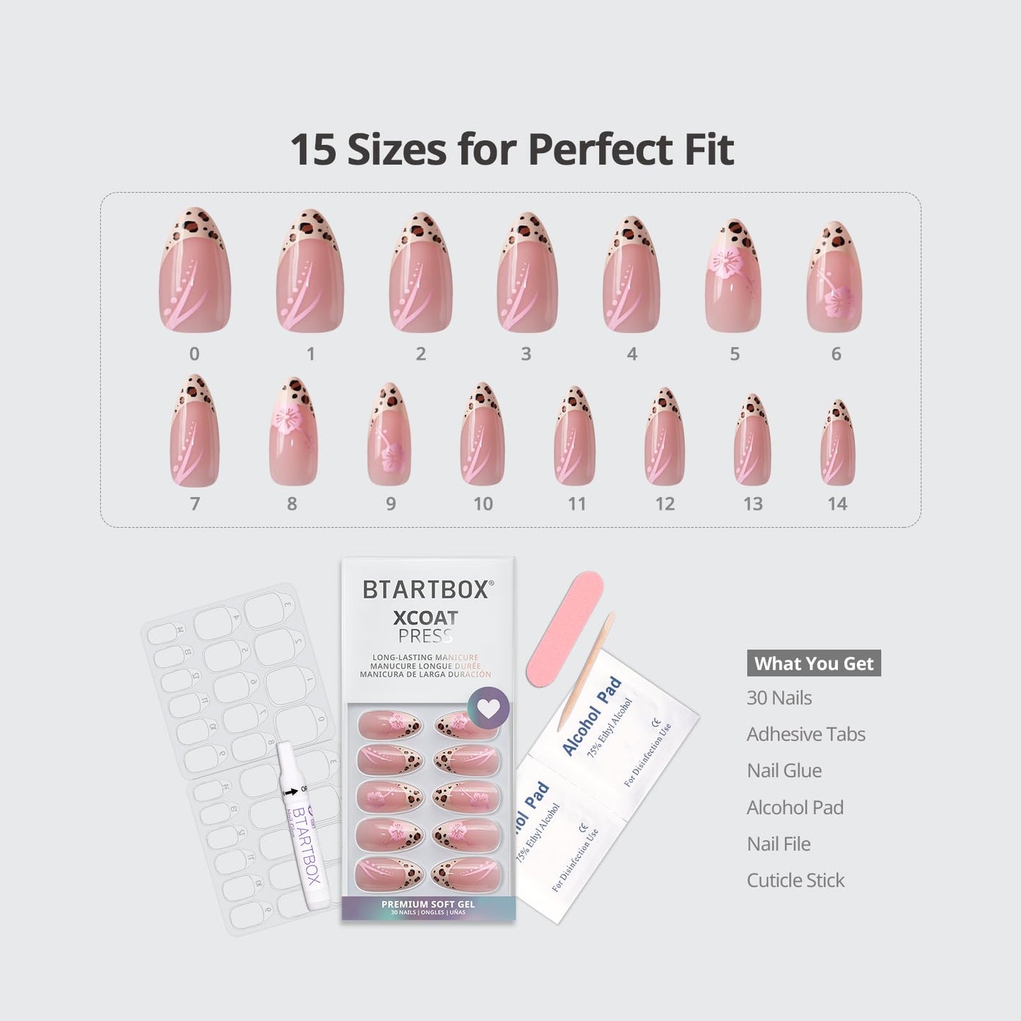 BTArtbox Press On Nails Almond- Wild Bloomery, Lamp-Curable 4-Week Wear Pink Leopard French Tip Press On Nails with Glue and Adhesive Tabs, Easy-to-Apply in 15 Sizes - 30 Nails All-in-One Kit