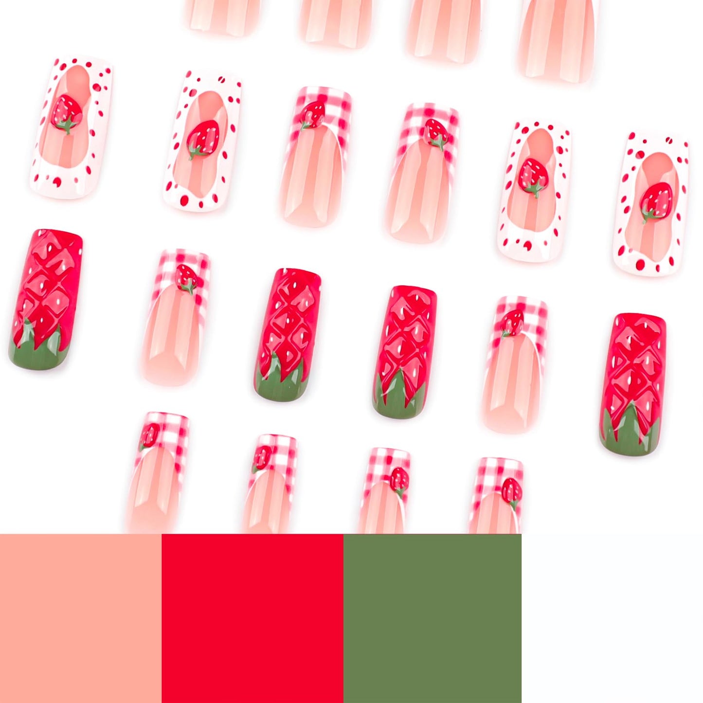Strawberry Press On Nails Long Square 24pcs, Cute Fruit False Nails with Red Strawberry 3D Design, Pink Gingham French Tips Fake Nails, Glossy Stick On Acrylic Nails Reusable Nail Kit for Women Girls