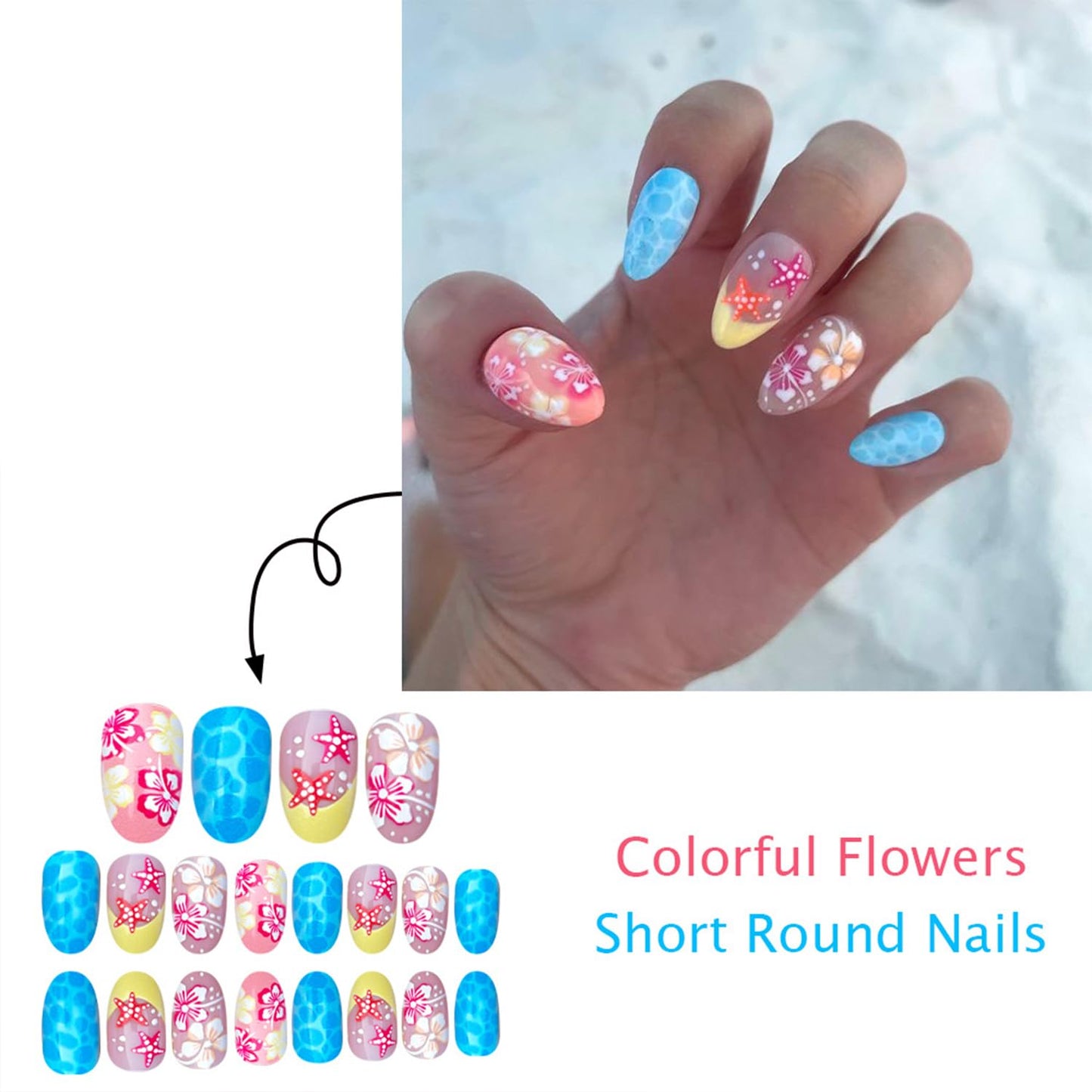 Summer Ocean Press on Nails French Tip Medium Almond False Nails with Starfish Flower Design Full Cover Glue on Nail Summer Reusable Acrylic Fake Nails Glossy Artificial Stick on Nail for Women