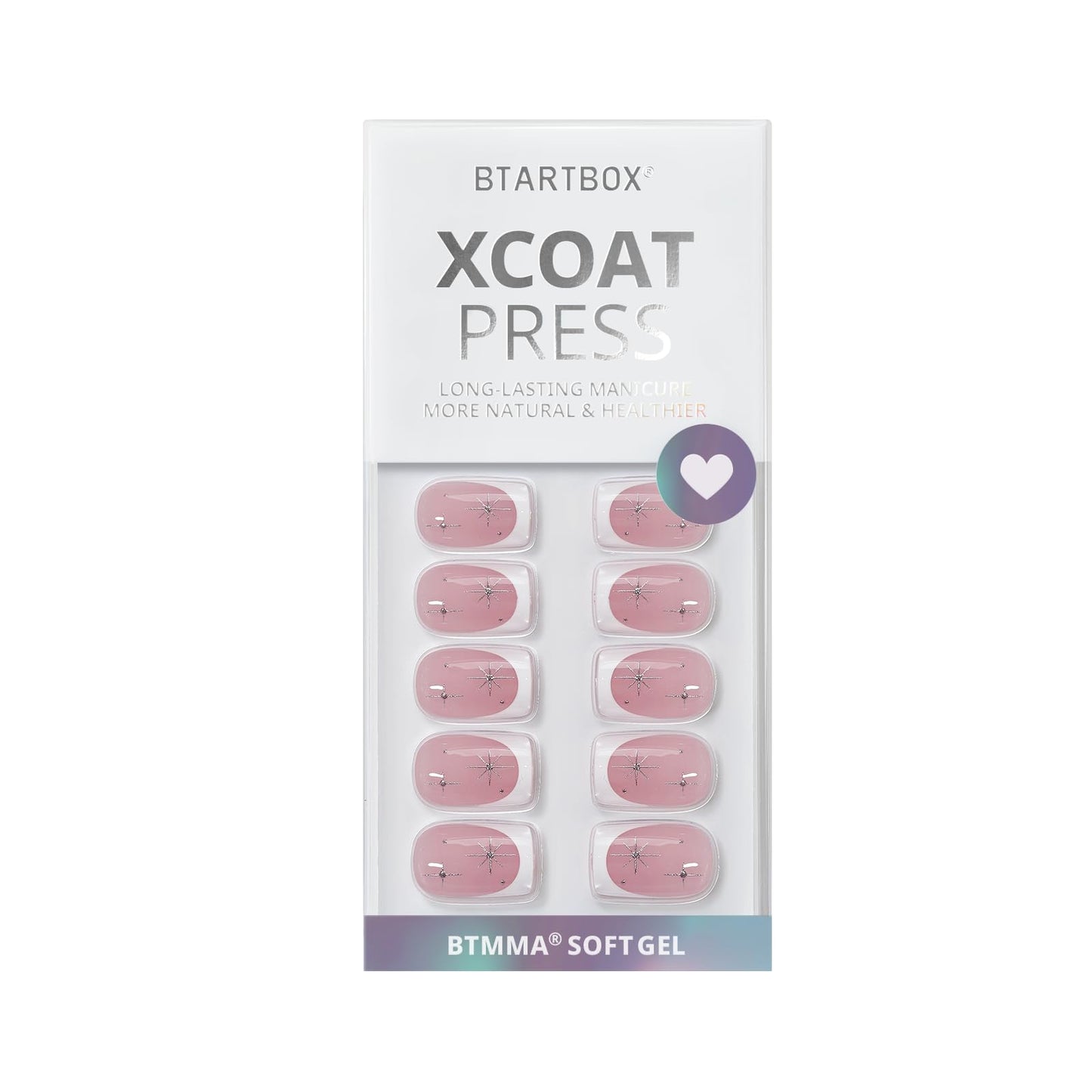 BTArtbox French Tip Press On Nails - Pink Short Press On Nails with Stars, Soft Gel Glue On Nails with Nail Glue in 16 Sizes, 32 Stick on Nails Kit, Starlit Sparkle