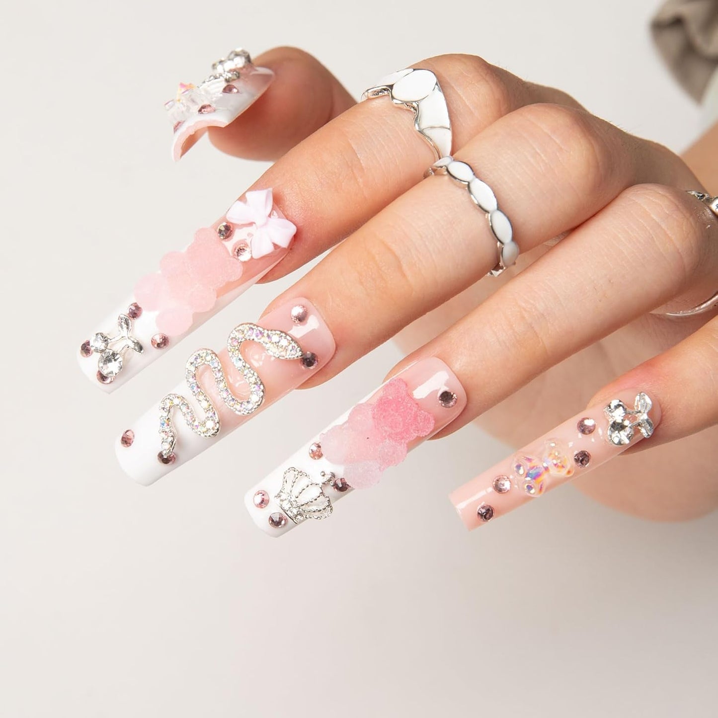 LOVFUL Reusable Press on Nails | Gummy Bear Glam | Salon Quality Sustainable Style Handmade with Full Covered Crystals | Square Mid length 1.7 in | H26-L