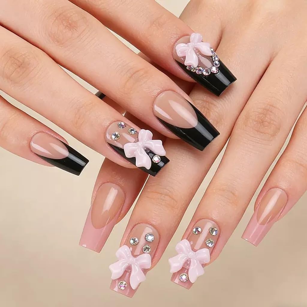 CTTHNBD Press on Nails Medium - Coffin Fake Nails with Bow Design - Pink, Black French Tip Stick on False Nails - for Women 24 Pcs