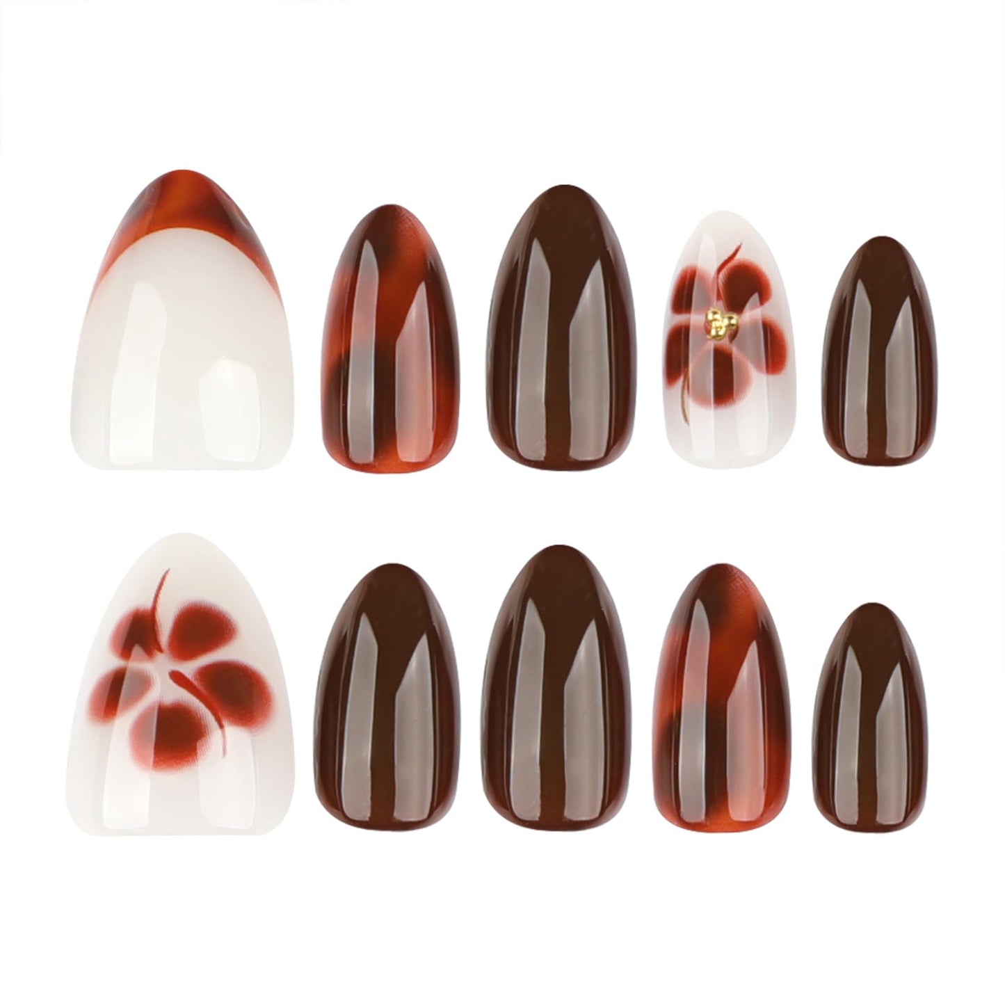 Mivota French Press On Nails Short Almond, Fall Fake Nails Adorned with Black and Burgundy Petal Accents, 3D Design, Glossy Gel Finish Acrylic Nails, Reusable Glue On Nails for Women, 24Pcs