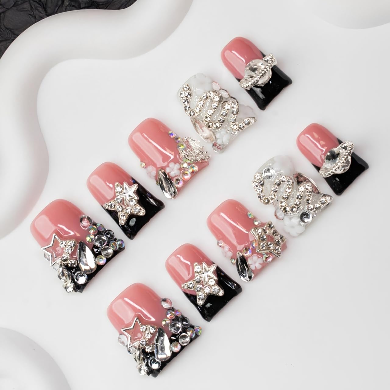 Handmade Press on Nails 3D Flower Nail Art Fake Nails Luxury Handmade Rhinestone & Stars Black French Tip Short Duck Acrylic Nail with Flower Design Thicked Stick on Nail for Women (S)