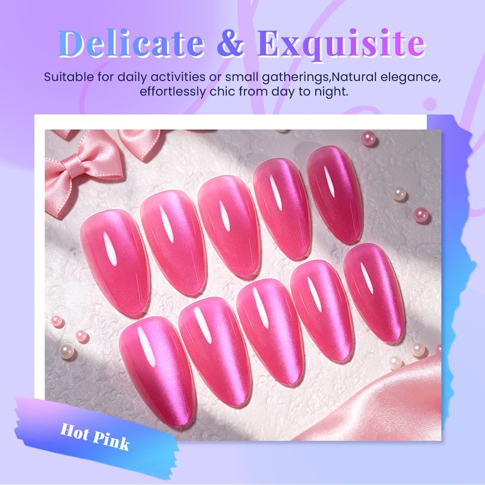 XZMeiLun Cat Eye Hot Pink Press On Nails Almond Medium, Magnetic Acrylic Fake Nails Stylish Design, Salon-Quality Shiny Finish, Reusable Stick On Nails Kit for Women, Daily Wear (No Glue Included)