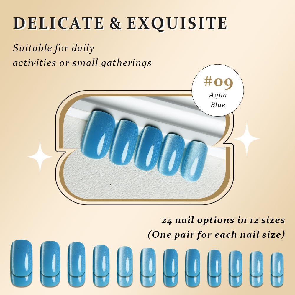 XZMeiLun Cat Eye Aqua Blue Press On Nails Medium Long Length Square, Designer Reusable Acrylic Fake Nail with Glue, Glossy Gel Nails Wedding Party, Stick On Glue On Nail, Nails Press Ons for Women