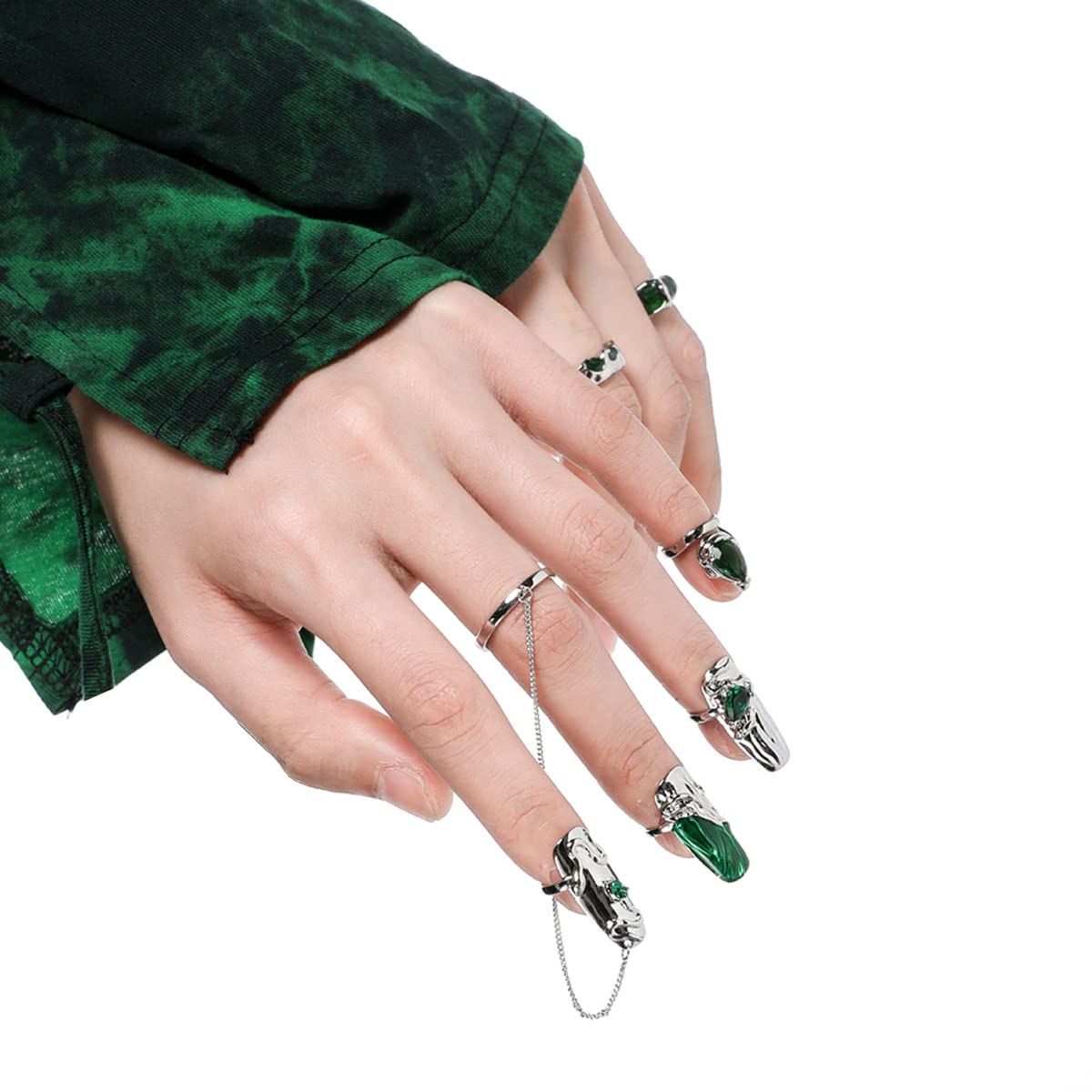5Pcs Finger Tip Nail Rings for Women, Adjustable Opening Nail Art Charms Accessories, Finger Tip Ring Claw Rings Nail, Irregular Fingertip Nail Armor Ring Punk Jewelry Set (Green)