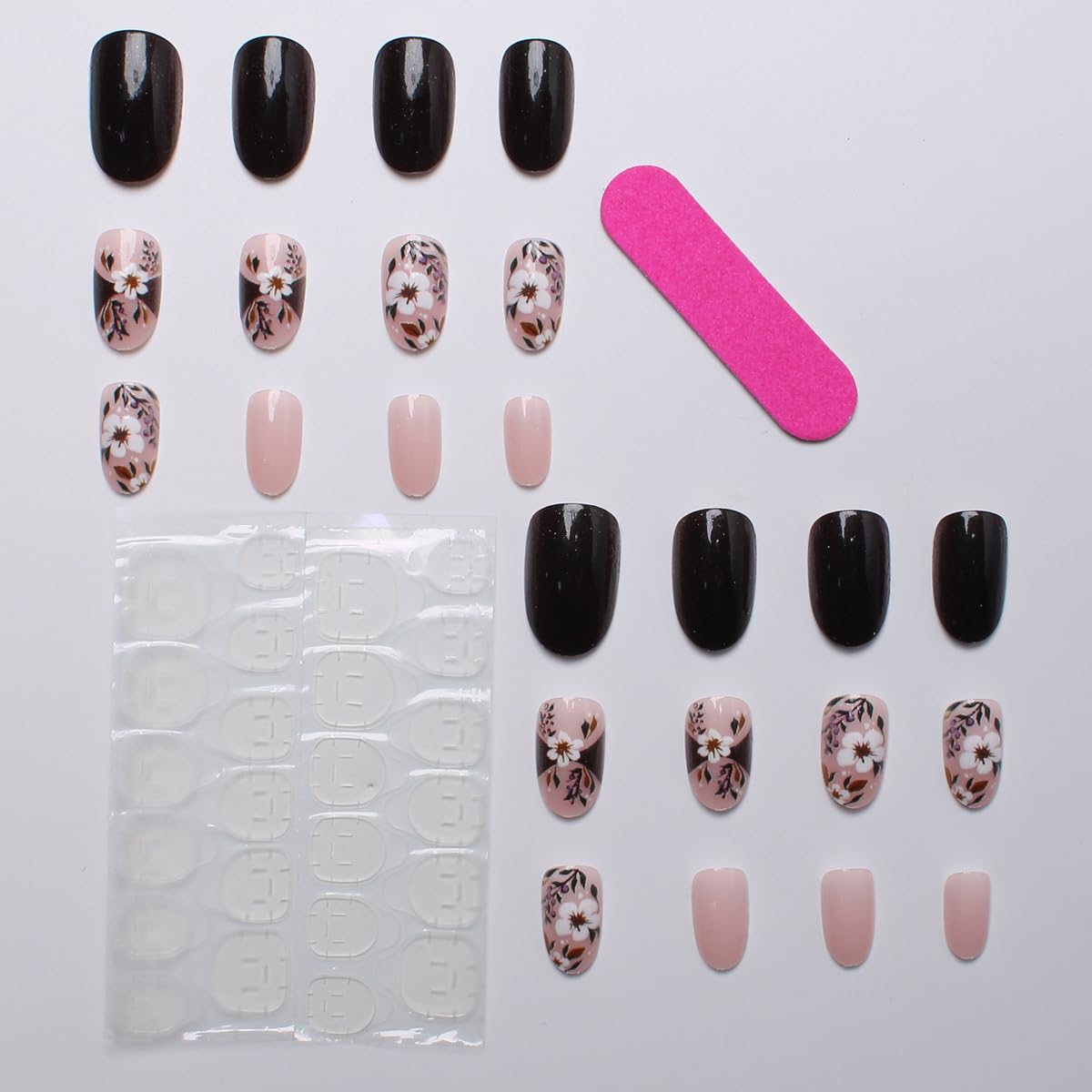 Flower Press on False Nails Spring Fake Nails Medium Oval Glue on Nails with White Flower, Black Solid Designs Glossy Press ons Stick on Nail for Women Manicure 24Pcs