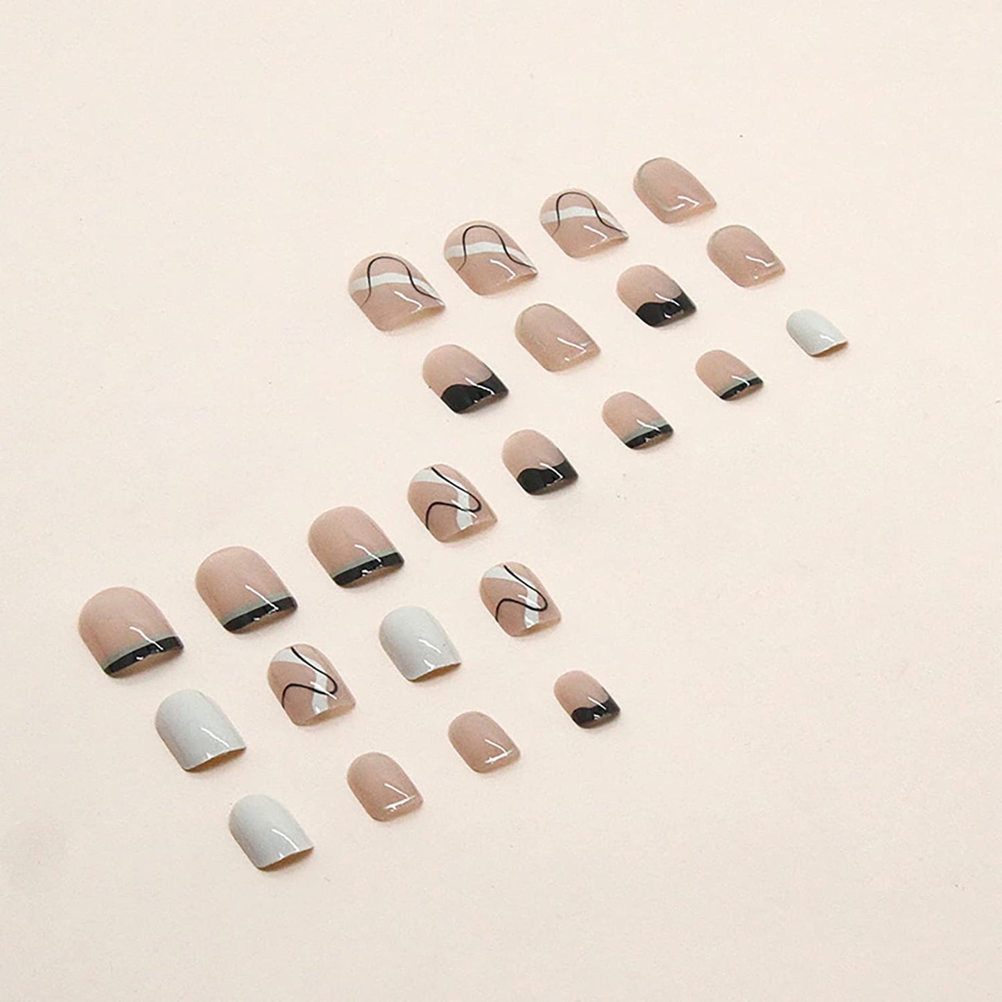 24PCS Full Cover Reusable False Nails Kits, Press on Nail Short Square Glue on Nails with Line Designs Artificial Glossy Fingernails Acrylic Fake Nails for Women Stick on Nails Coffin Shape