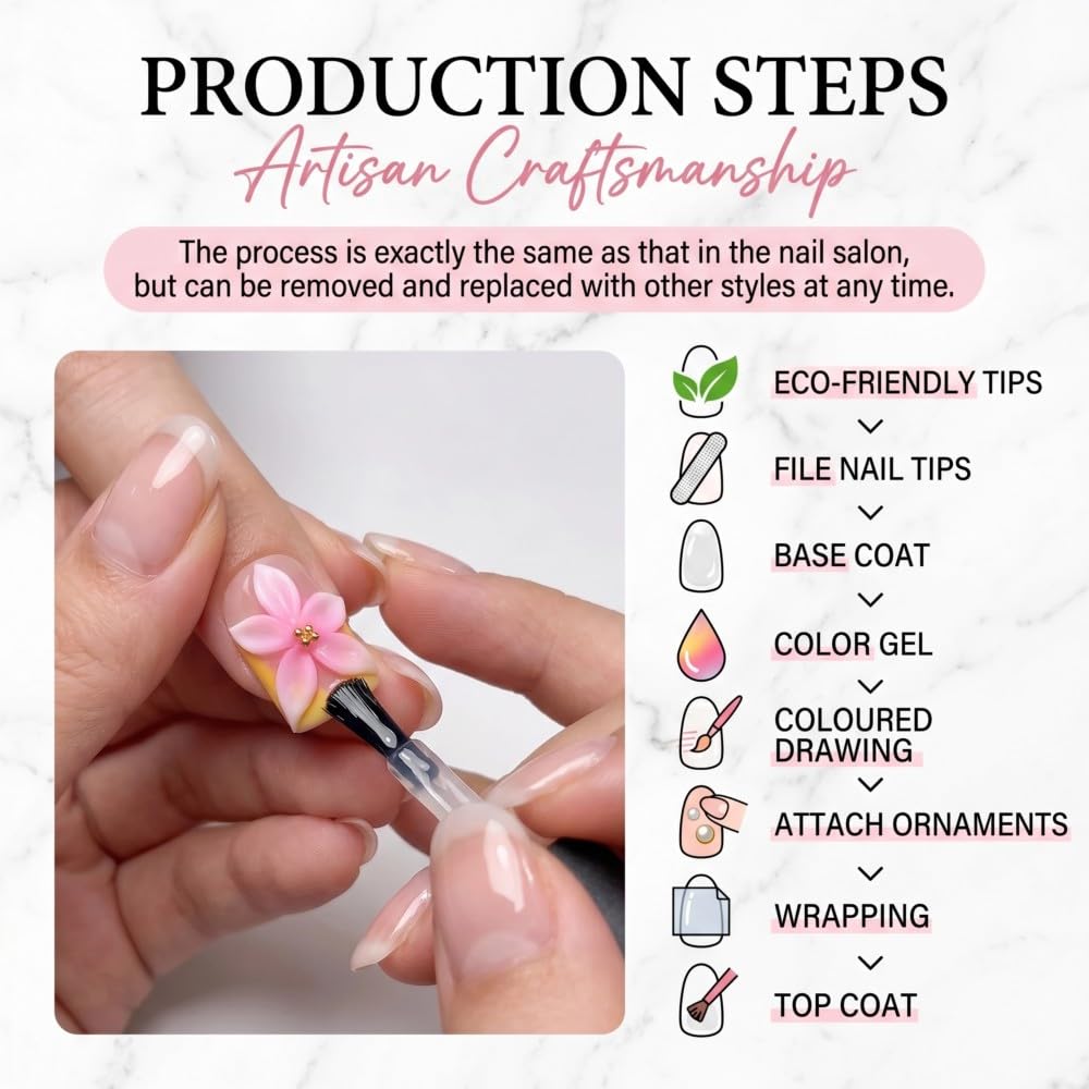 Vokupoga Handmade Press on Nails Short Square Fake Nails French Tip False Nails with 3D Flower Designs Pink Acrylic Nails for Women 10Pcs(Size M)