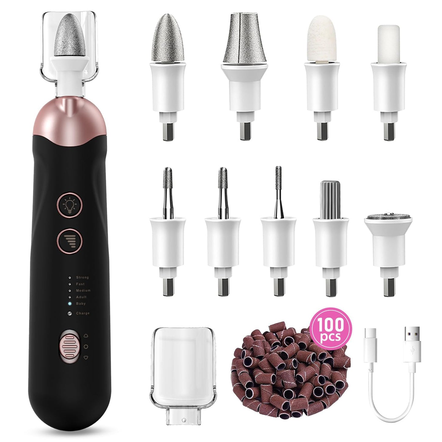 Professional Manicure Pedicure Kit, 9 in 1 Cordless Nail Drill with 100 pcs Nail Drill Bits Sanding Bands, Nail Grinder for Human, 5 Speeds, Nail Dremel Kit for Home and Salon Use