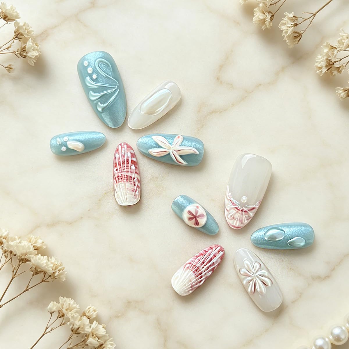 3D Press On Nails Almond Medium Light Blue Fake Nails with Cat's Eye Embossed Marine Life Summer Beach Designs, Acrylic Artificial Nail Press ons False Stick On Nails for Women Girls 30Pcs