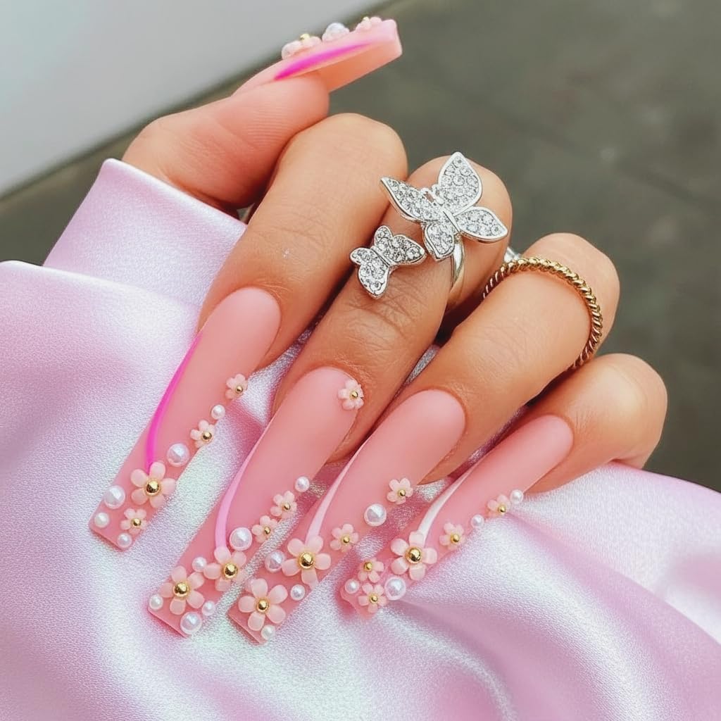 3D Flower Nail Charms, 2 Boxes 3D Acrylic Flower Nail Art Rhinestones White Pink Mixed Cherry Blossom Spring Acrylic Nail Supplies with Pearls Manicure DIY Nail Decorations