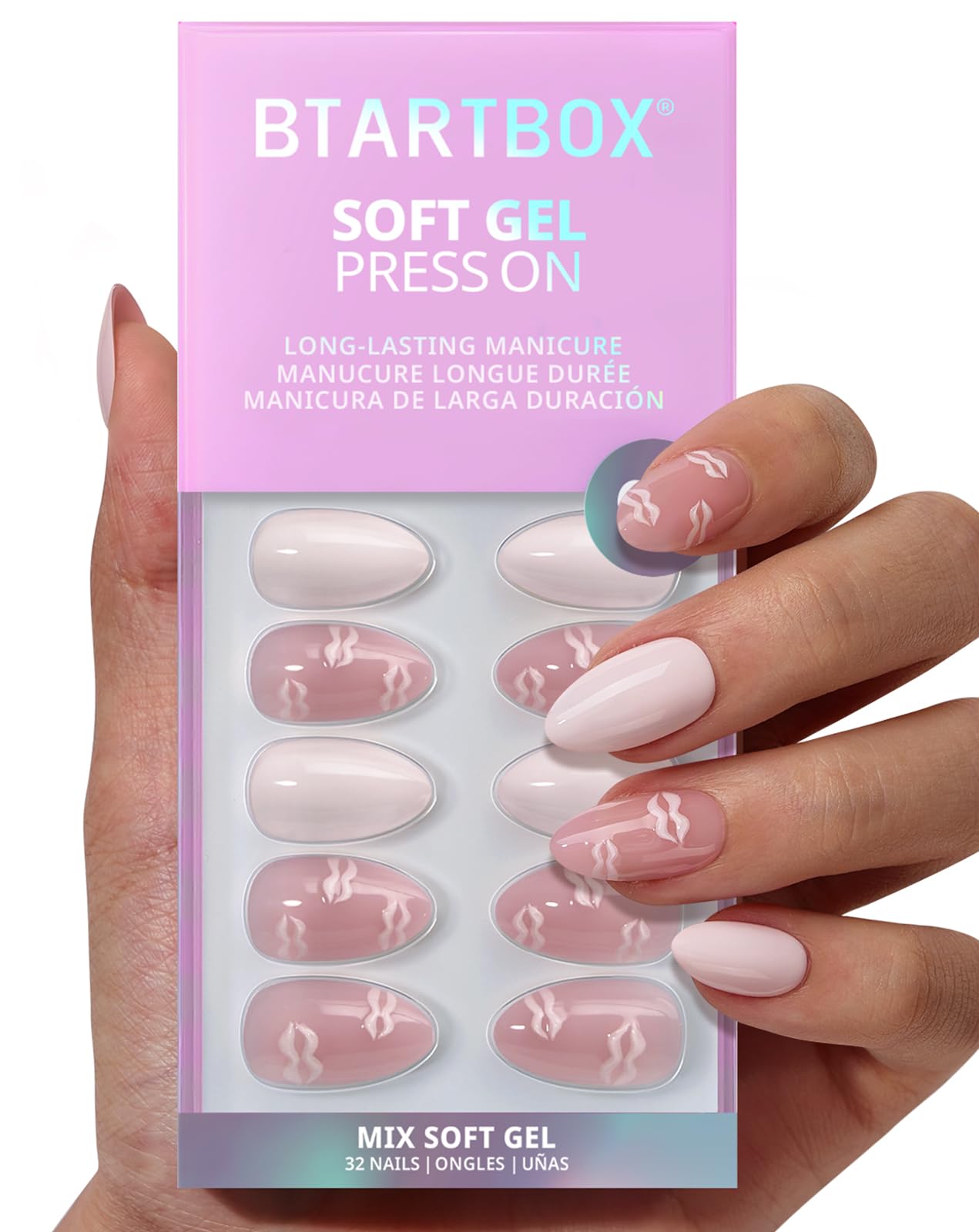 BTArtbox Press On Nails Short - Dainty Kiss, 3D Pink Lip Almond Press On Nails with Glue and Adhesive Tabs for Women in 16 Sizes - 32 Nails All-in-One Kit