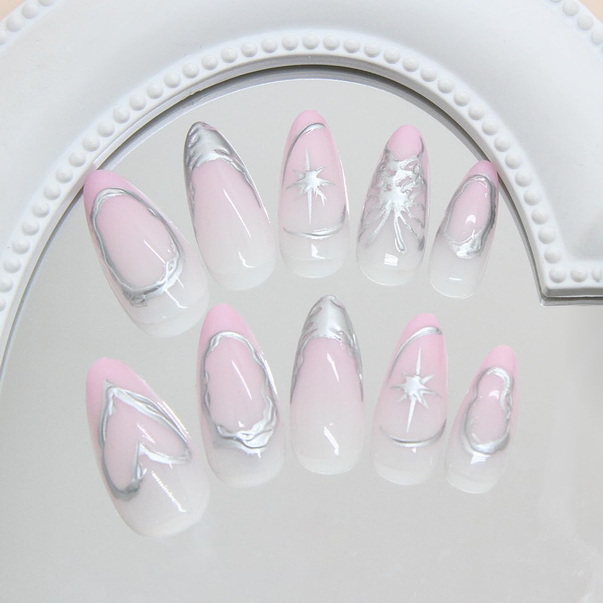 Mkwntg 24Pcs Ombre Press on Nails Medium Almond Fake Nails with Silver Chrome Design Star Heart Round Line Full Cover Acrylic Nails Pink White Gradient French Tip Stick on Nails for Women Manicure