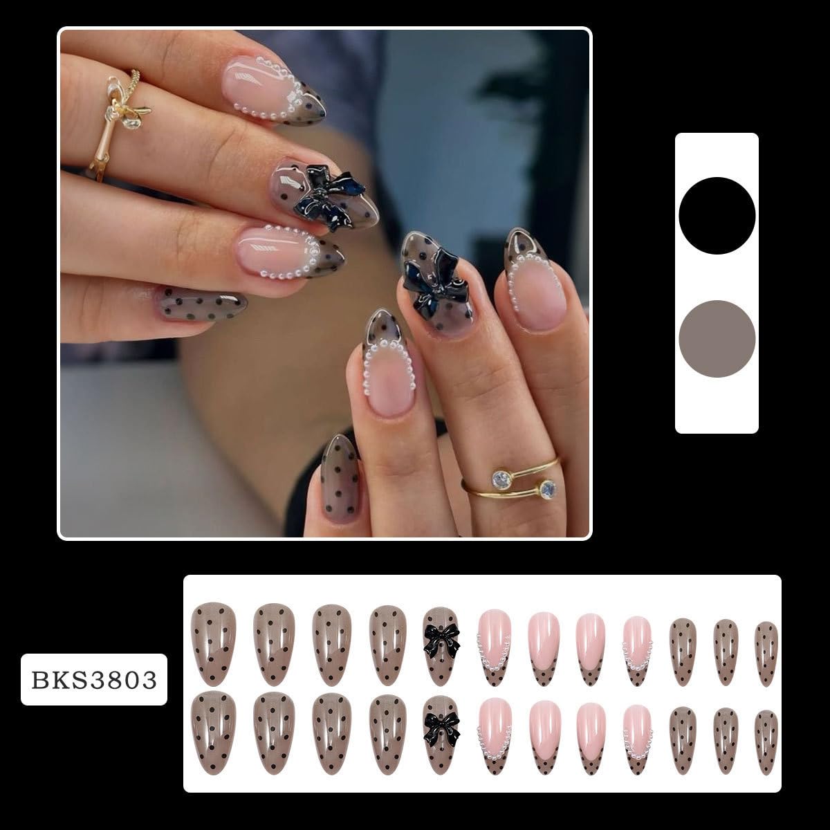 Polka Dot Press on Nails - Medium Almond Fake Nails with 3D Bow&Pearl Designs Brown False Nails French tip Glue on Nails Reusable Full Cover Stick on Nails for Women Manicure 24Pcs