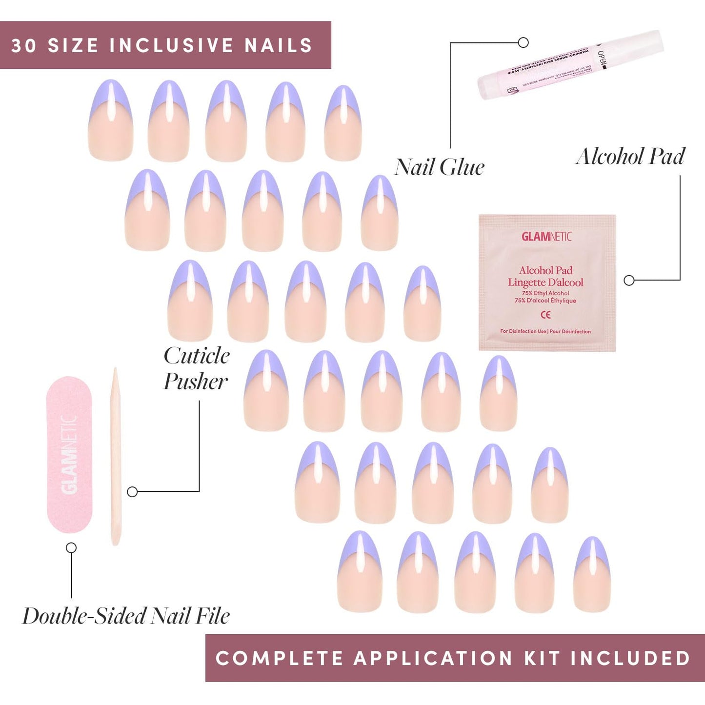 Glamnetic Press-On Nails Bundle - French Lilac & Goal Digger | Short Almond Purple French Tips with a Glossy Finish | Natural Short Round False Nails with Gold Foil | Reusable, Salon-Quality Nail Kits