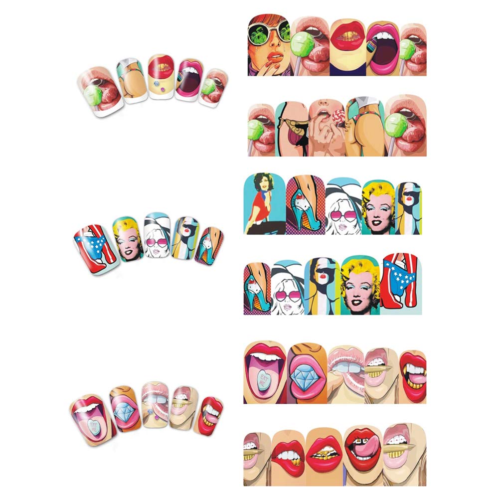 Towenm 12 Sheets Nail Art Stickers Water Transfer Nail Decals for Nail Art, Trendy Marvel Nail Wraps, Sexy Lip Pop Star Nail Decals, Manicure Nail Wraps, Red Kiss Lips Sexy Girl Pattern Nail Sticker - 120 Patterns