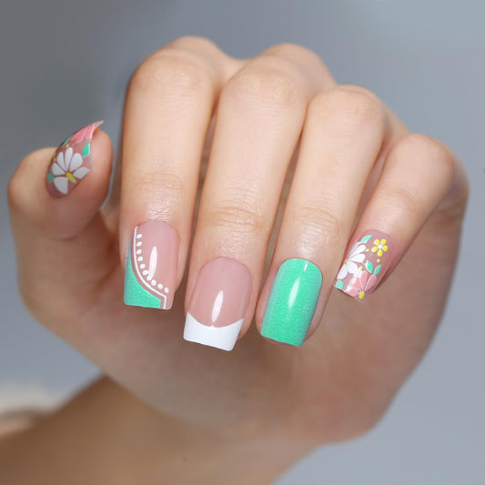 Goolich Green Blooming Flower Press On Nails Medium Square, Nails Press ons with Adhesive Tabs, 24 Pcs 12 Size Reusable Full Cover Glue on Nails for Women