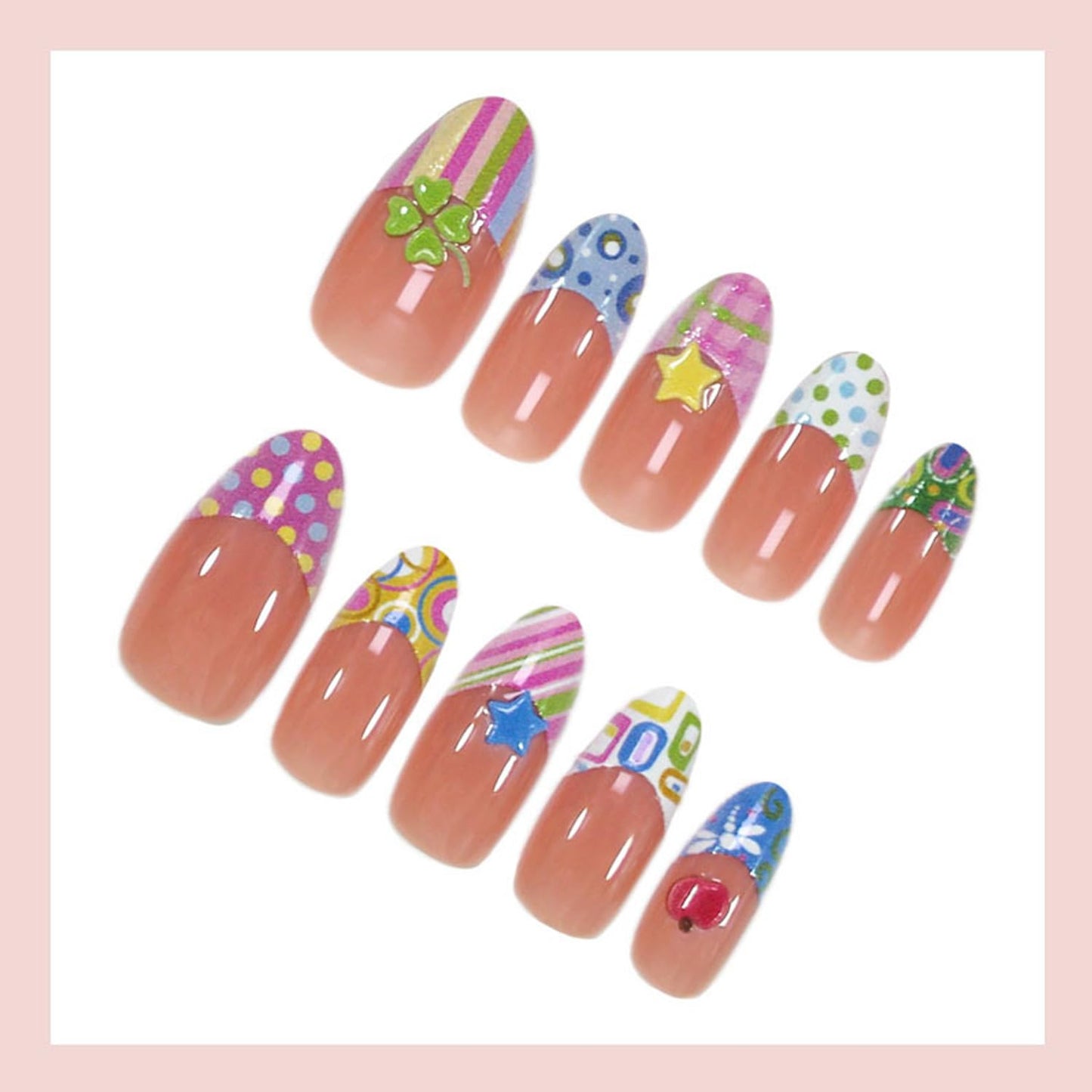 30Pcs Cute Almond Press on Nails Medium Fake Nails with 3D Floral, Star, Apple Embossed False Nails French Acrylic Nail Tip Four-leaf Clover Stick on Nails Artificial Nail for Women DIY Manicure