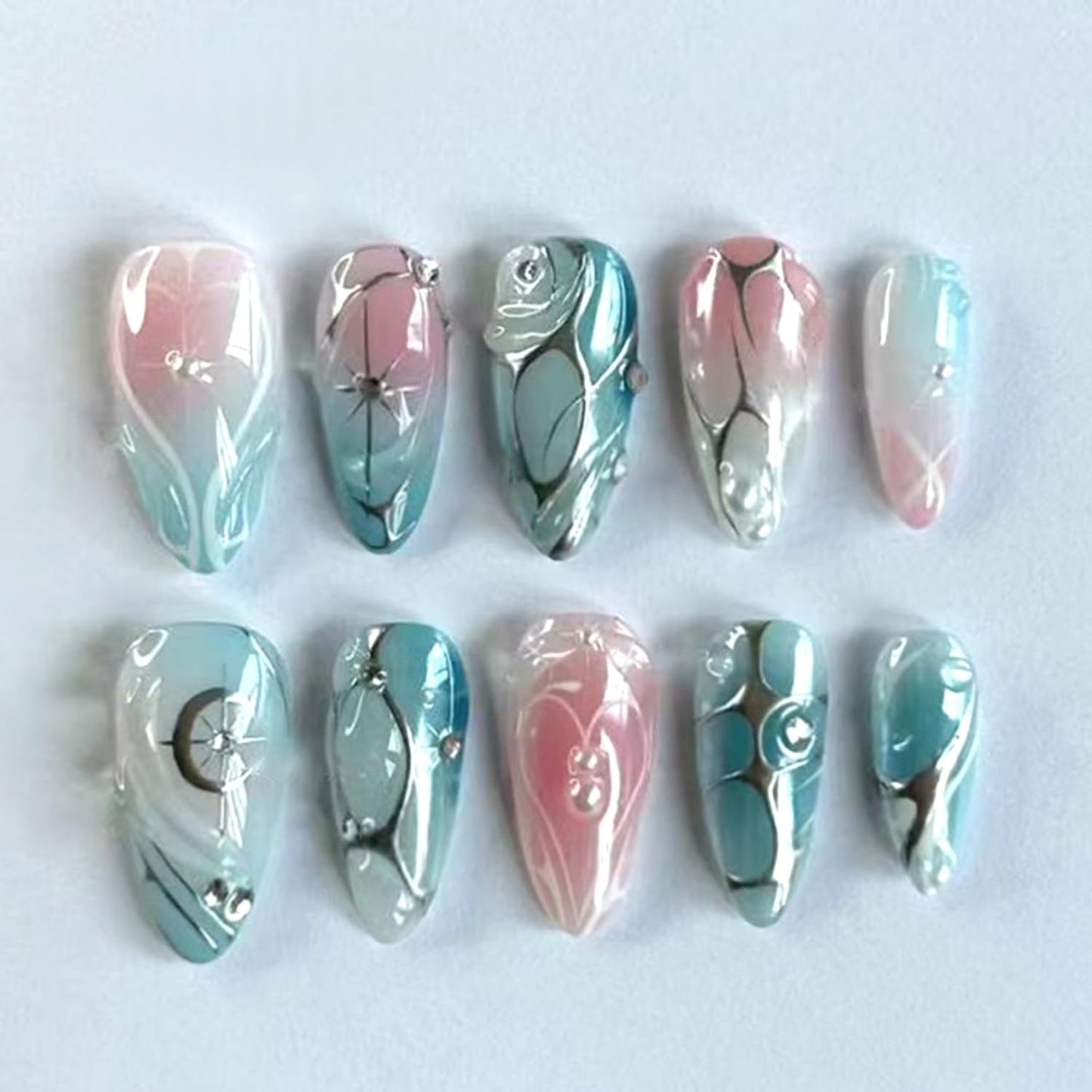 24Pcs French Tip Press on Nails Almond Medium Fake Nails with Irregular Line Star Pearl Gradient Blush False Nails Glossy Full Cover Artificial Glue on Nails Cute Stick on Nail for Women DIY Manicure