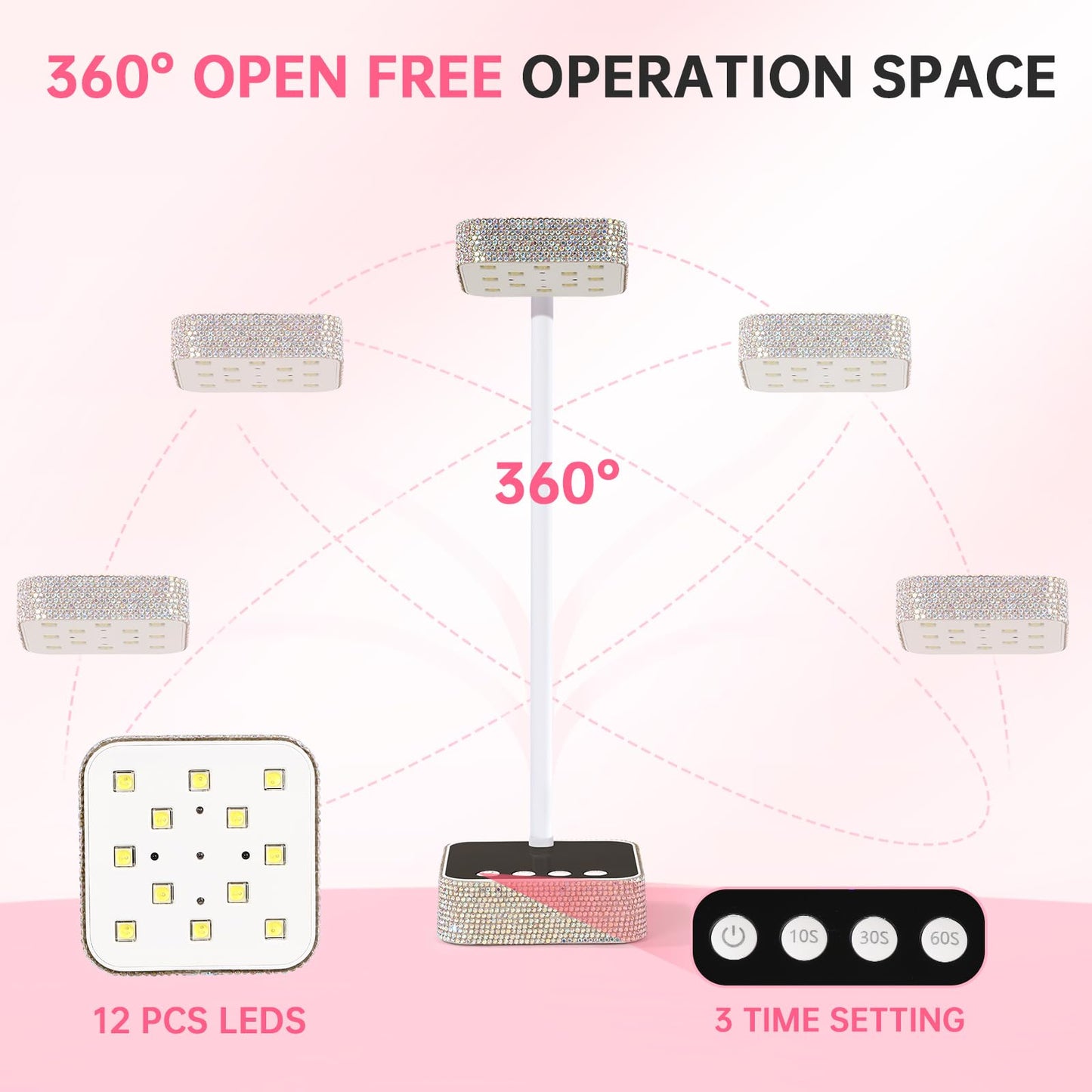 CHRISTINE SHELLY UV LED Nail Lamp, Mini UV Light for Gel Nails Polish, Rechargeable with 4 Timers, Nail Dryer, Quick Drying Cordless Goosenecks Home Nail Salon DIY Manicure (M9-White Diamond)