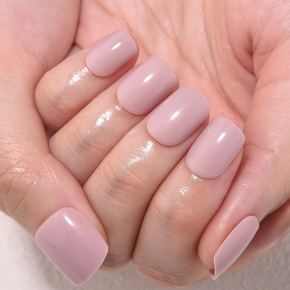evpct Mauve Pink Glossy Press on Nails Short Square, Glossy Mauve Fake Nails Summer Reusable, Acrylic False Nail Stick on Press ons for Women Gifts, Perfectly Fit False Nail Kit with Kits 30Pcs