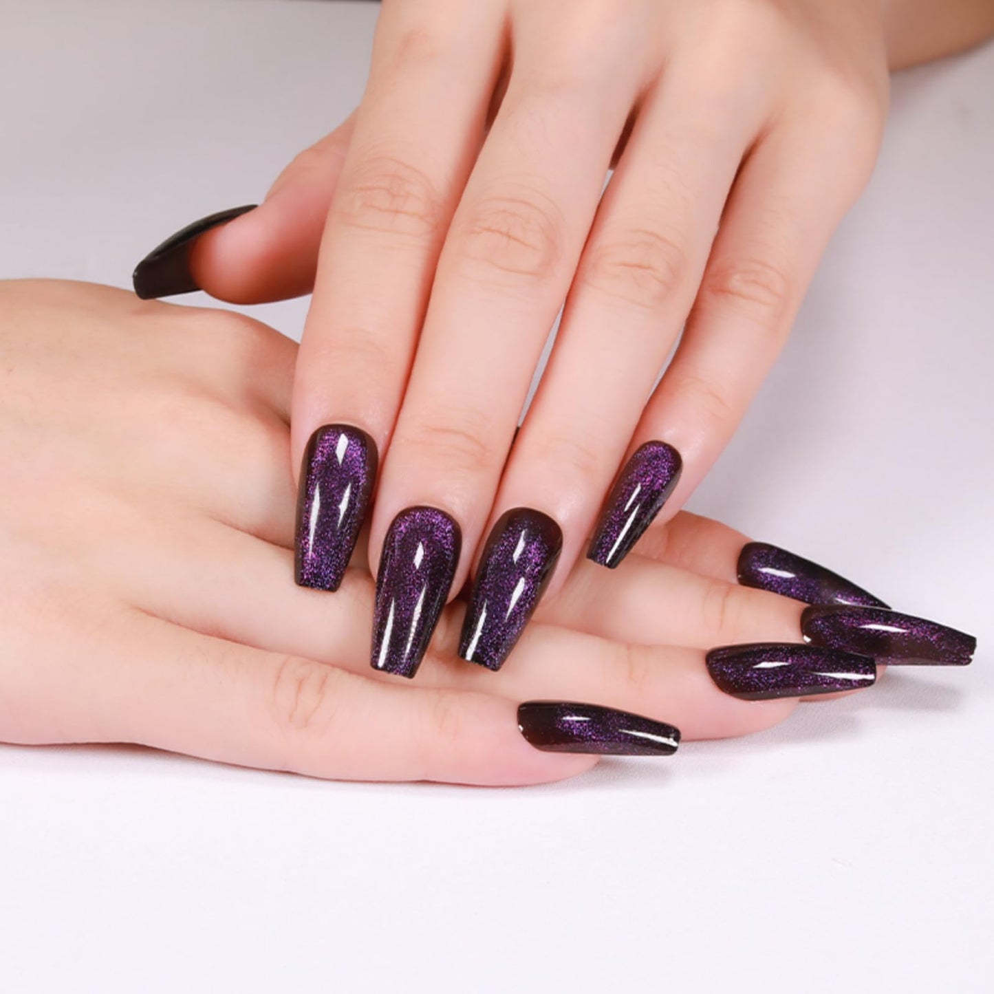 Gentle Claws Press On Nails - Midnight Purple | Dark Purple Glitter Velvet Nails, Medium Coffin Squared Press On Nails with Cat Eye Design for Women and Girls, 24 Pcs Reusable Fake Nails