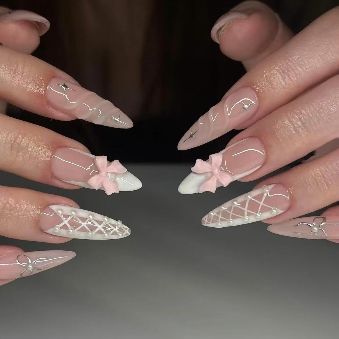 Handmade French Tip Press on Nail Almond Fake ons with Designs Chrome False Nails Long Glossy Full Cover Glue on Nails Stick Women Nails Manicure Decoration 10Pcs (MT-172-M)