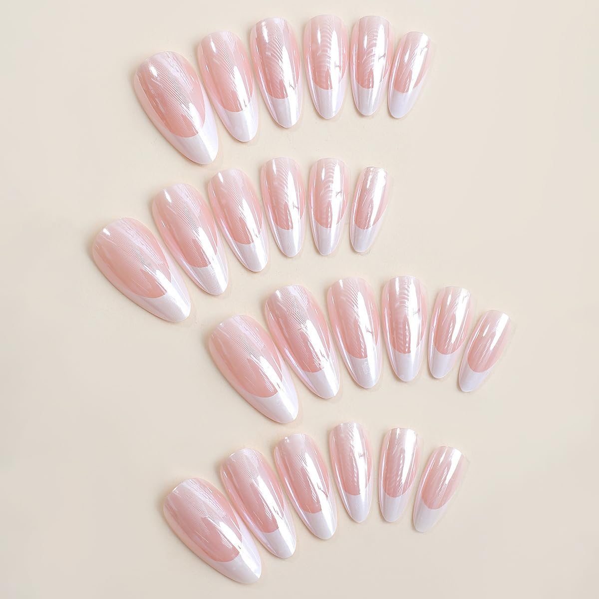 Chrome French Press on Nails Medium Almond Fake Nails French Tip Nails Press ons with Design Reusable Artificial Nail Full Cover Stick on Nails for Women Manicure 24Pcs